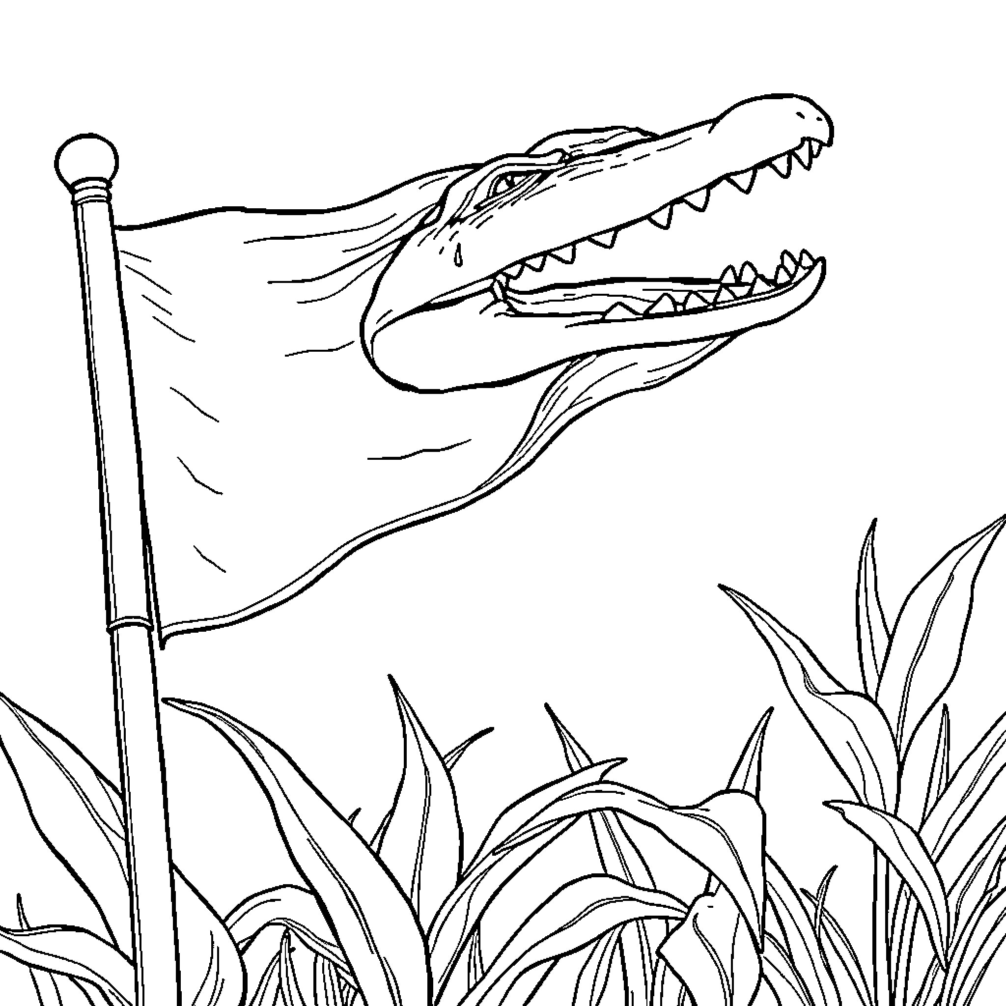 Alligator flag waving in the jungle Coloring Page (free black-and-white line drawing printable PDF for all, from beginners to advanced learners, including children, teens, adults, and seniors)