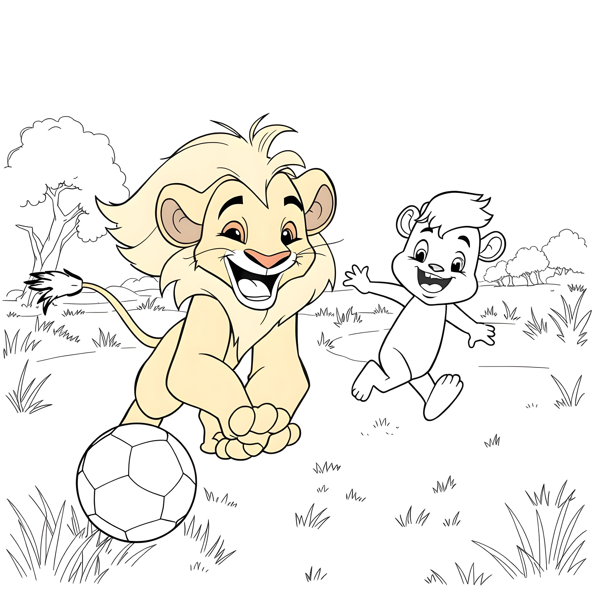 Simba and Nala playing with a soccer ball in the savanna Coloring Page (free black-and-white line drawing printable PDF for all, from beginners to advanced learners, including children, teens, adults, and seniors)