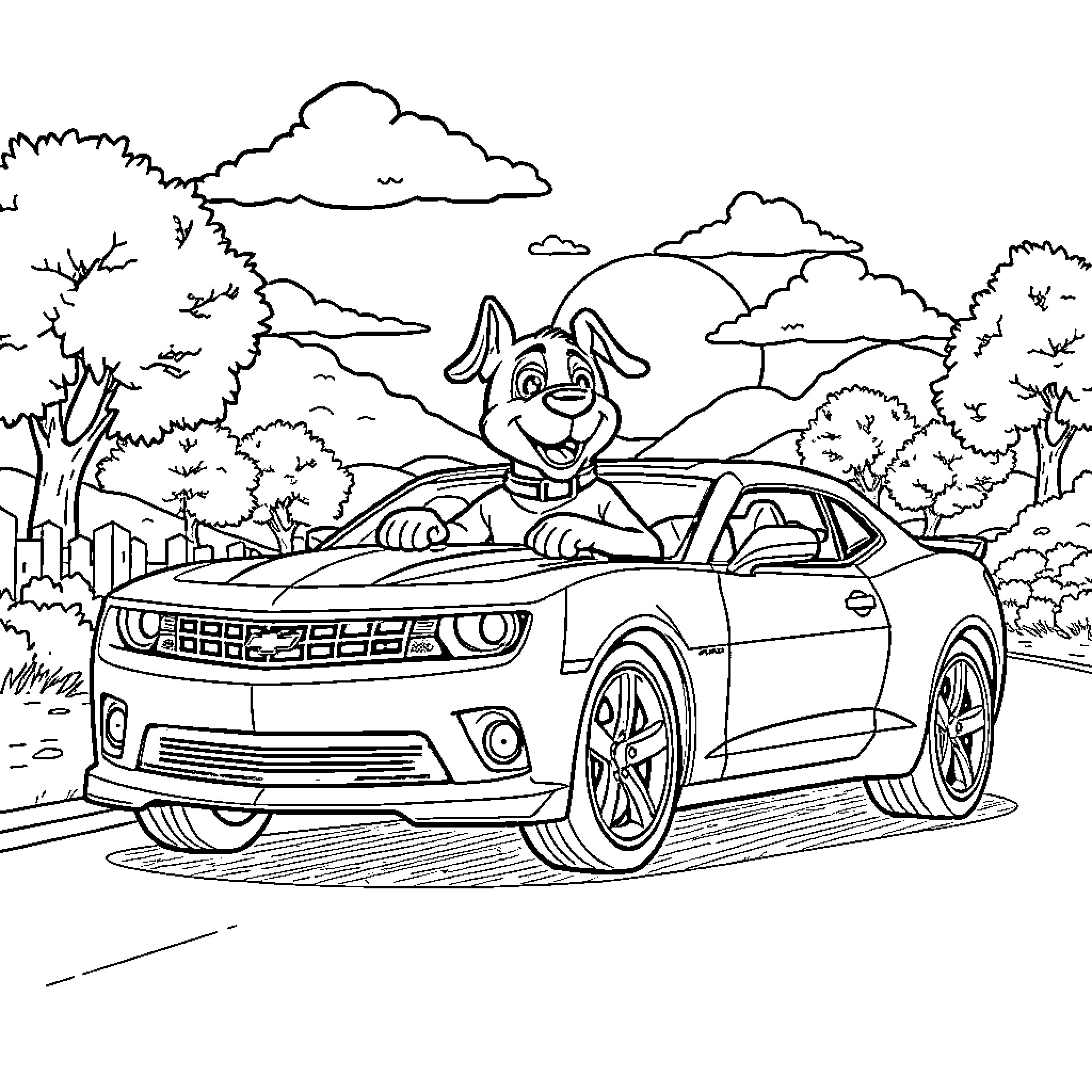 Dog Man driving a sports car through the countryside Coloring Page (free black-and-white line drawing printable PDF for all, from beginners to advanced learners, including children, teens, adults, and seniors)