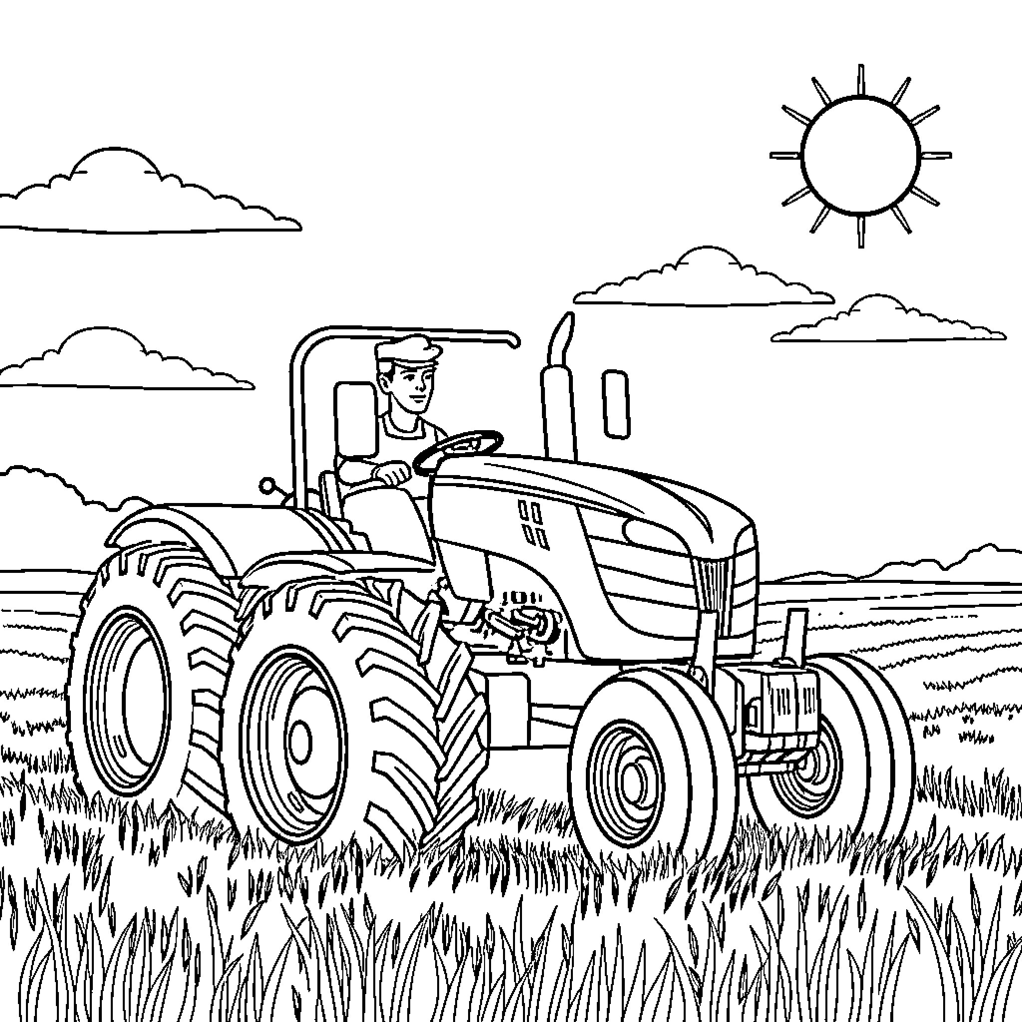 Man driving large tractor through field on sunny day Coloring Page (free black-and-white line drawing printable PDF for all, from beginners to advanced learners, including children, teens, adults, and seniors)