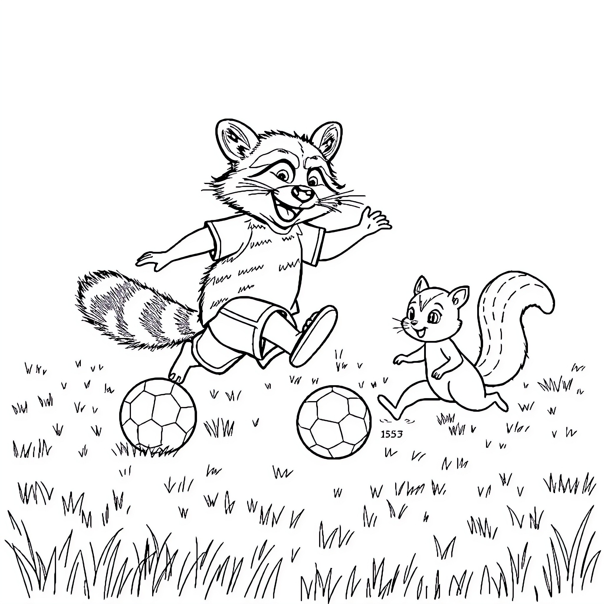 Raccoon playing soccer with squirrel on grassy field Coloring Page (free black-and-white line drawing printable PDF for all, from beginners to advanced learners, including children, teens, adults, and seniors)