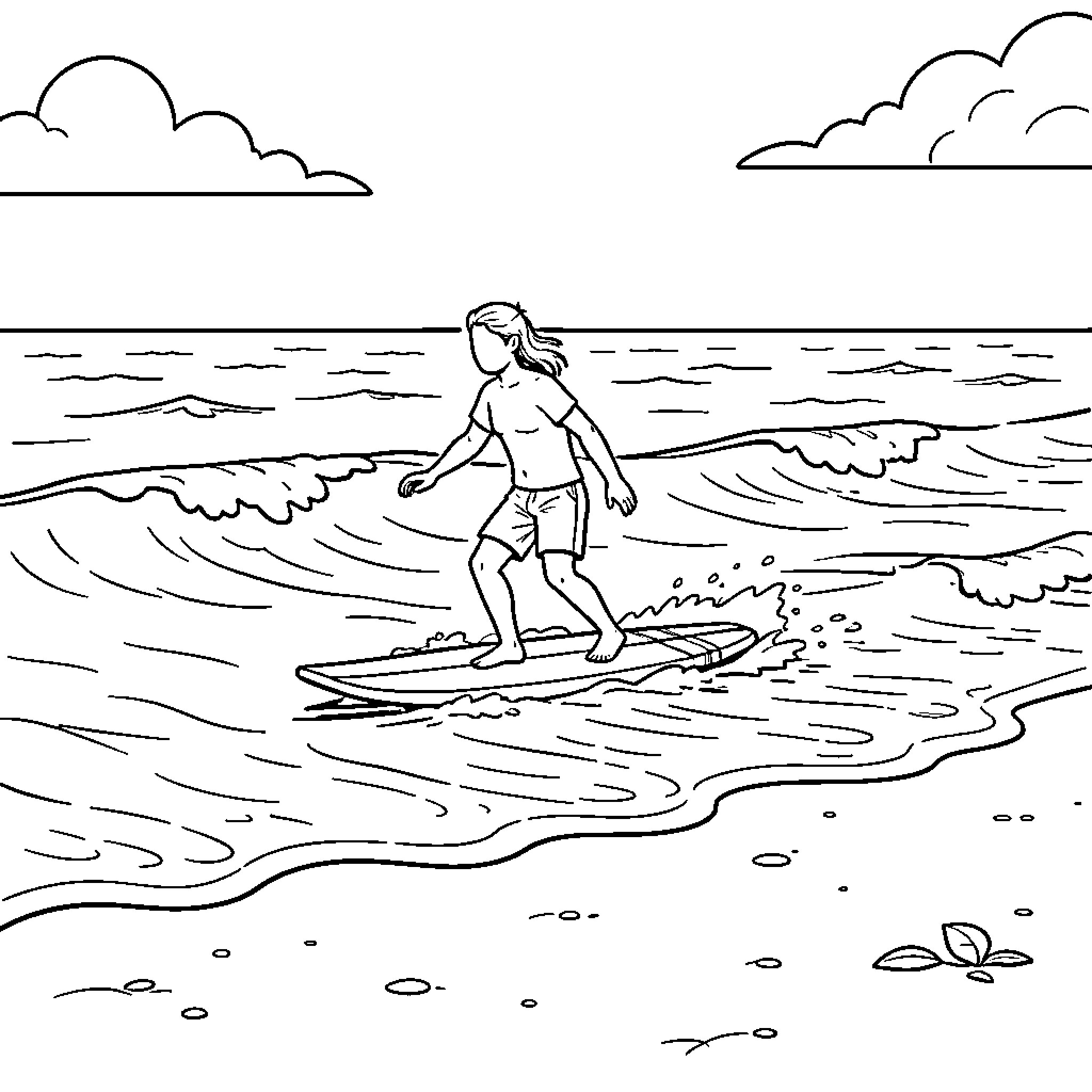 Bodyboarder riding a wave towards the sandy shore Coloring Page (free black-and-white line drawing printable PDF for all, from beginners to advanced learners, including children, teens, adults, and seniors)