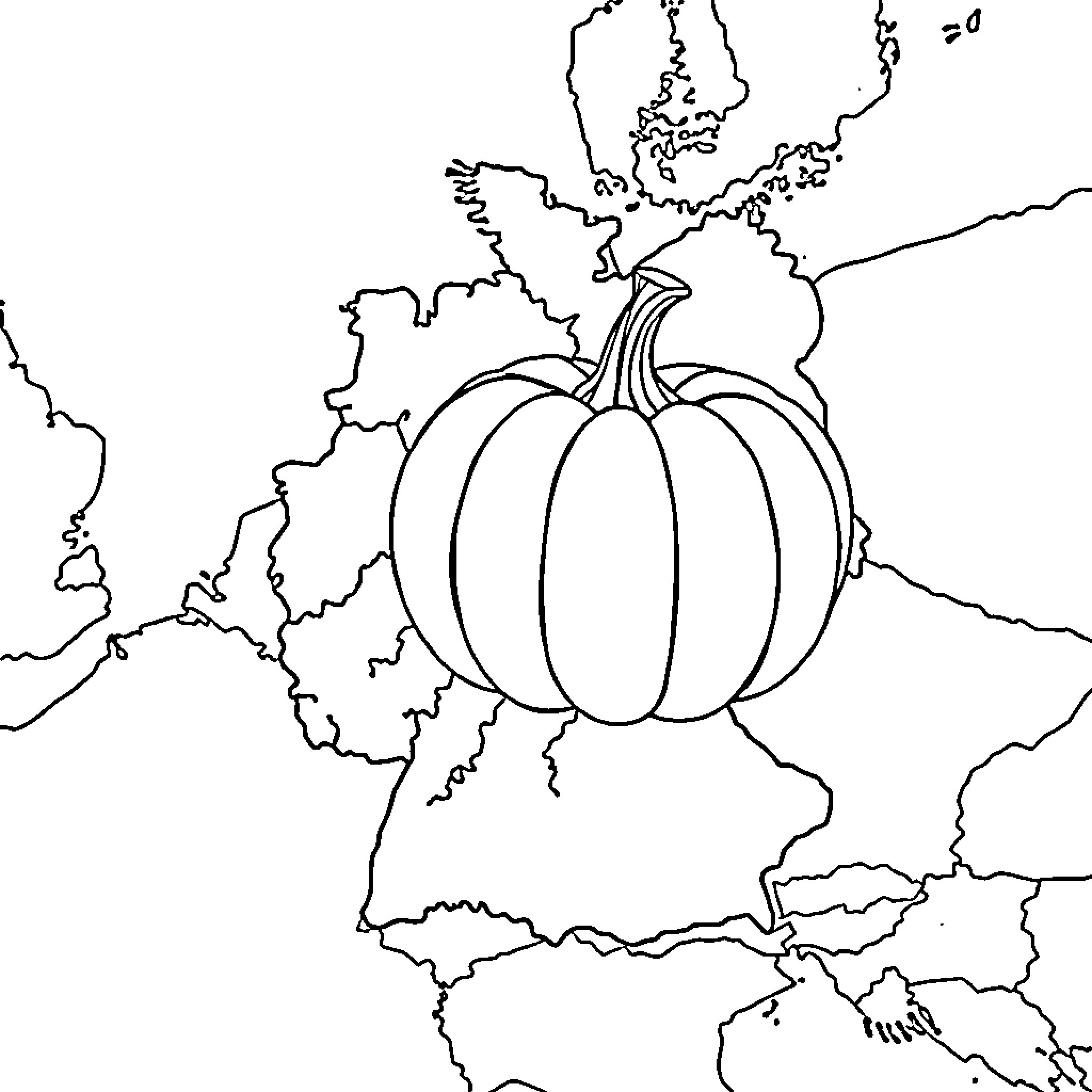 Pumpkin growing on world map Coloring Page (free black-and-white line drawing printable PDF for all, from beginners to advanced learners, including children, teens, adults, and seniors)