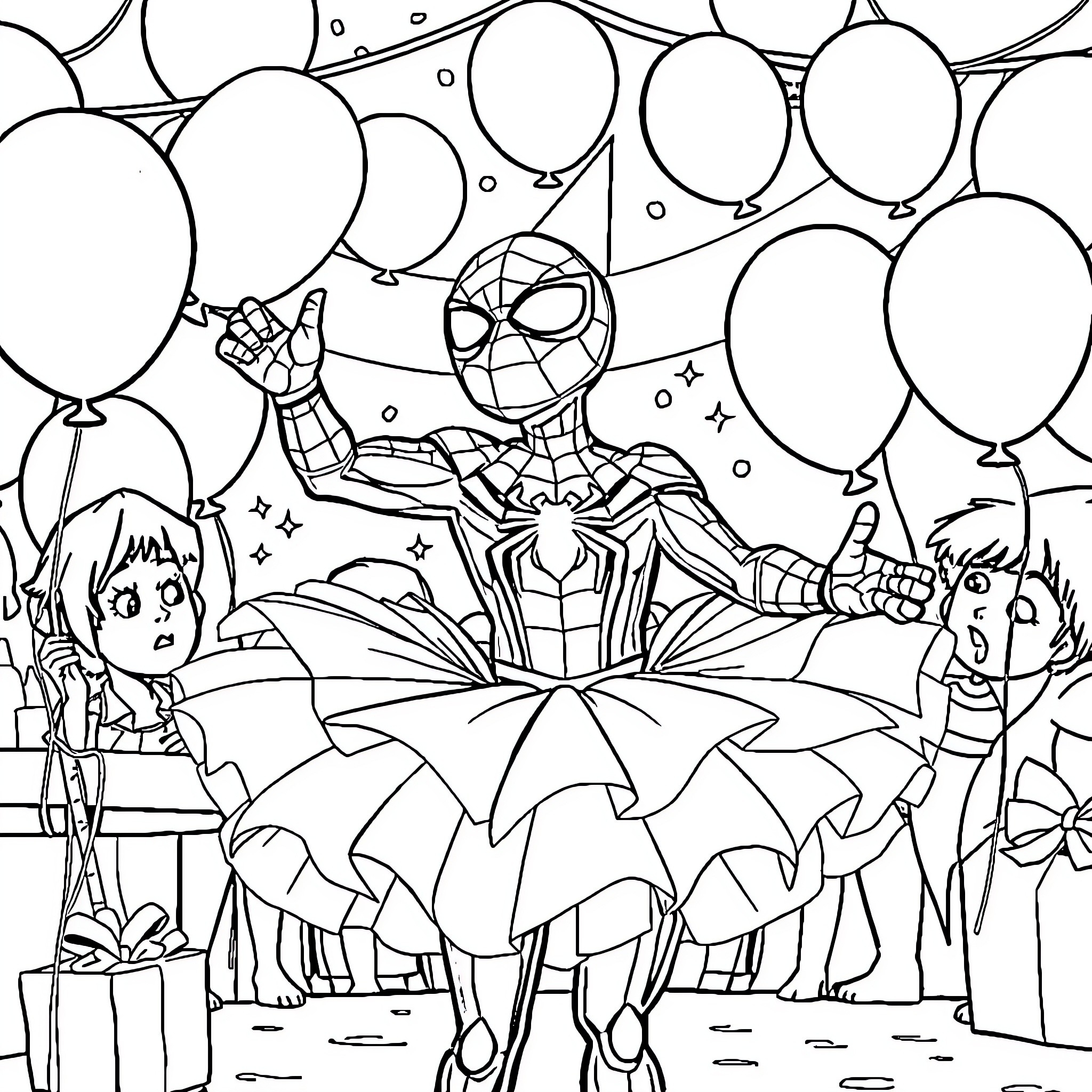 Spiderman surprises kids at a birthday party Coloring Page (free black-and-white line drawing printable PDF for all, from beginners to advanced learners, including children, teens, adults, and seniors)