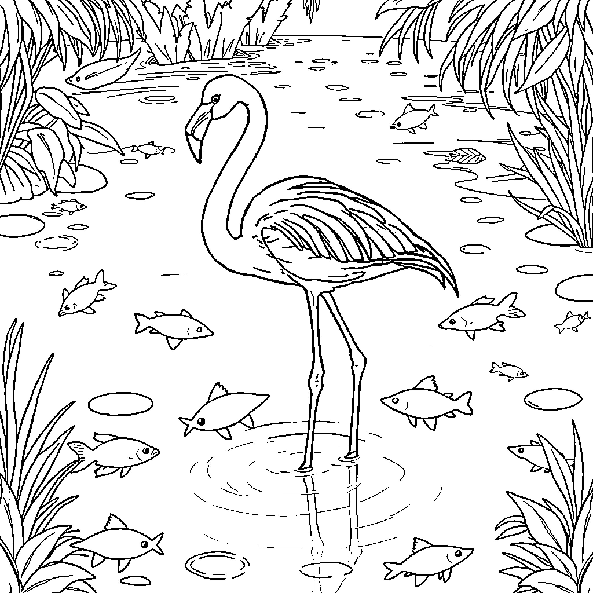 Flamingo standing gracefully in a tranquil pond Coloring Page (free black-and-white line drawing printable PDF for all, from beginners to advanced learners, including children, teens, adults, and seniors)