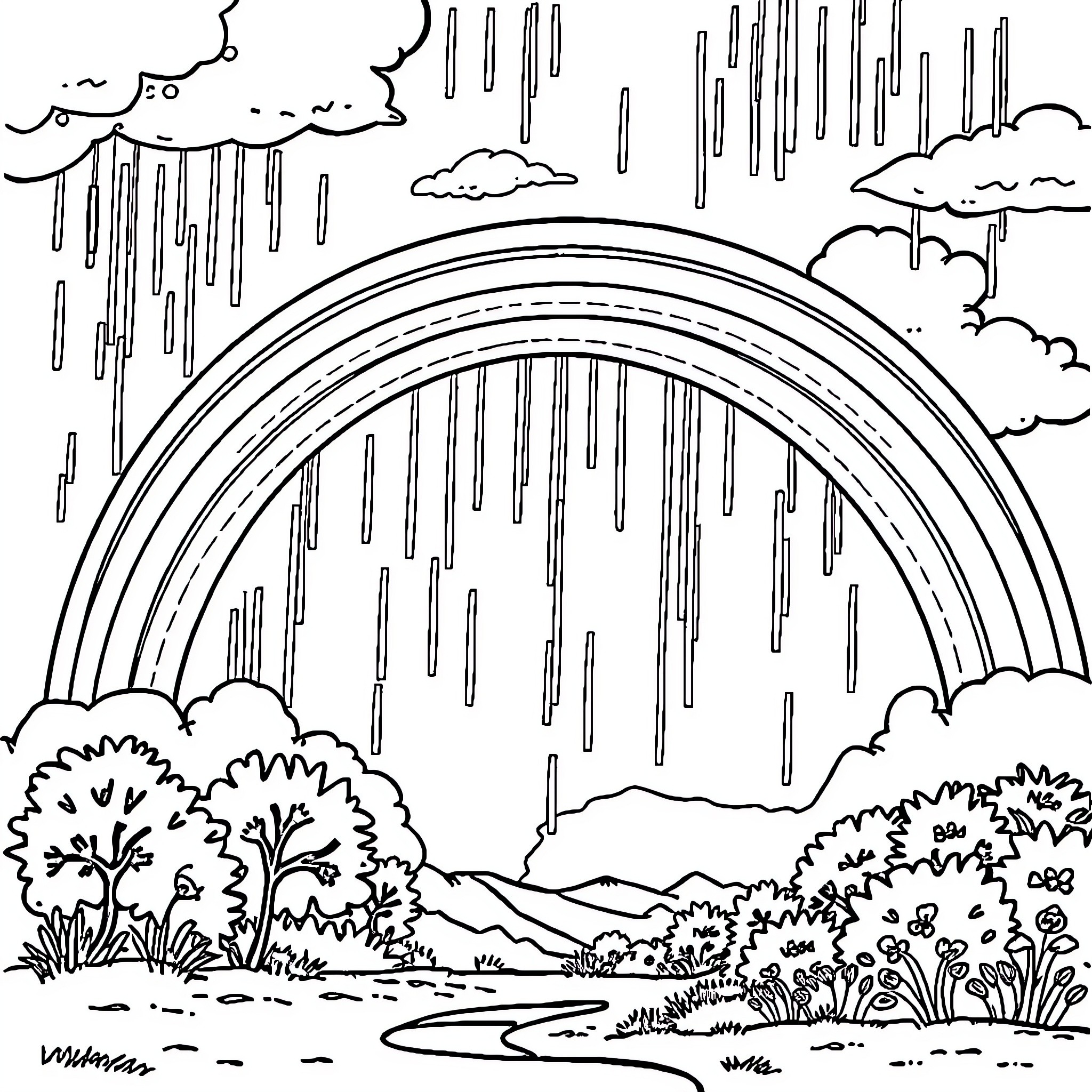 Rainbow landscape with rainy day Coloring Page (free black-and-white line drawing printable PDF for all, from beginners to advanced learners, including children, teens, adults, and seniors)