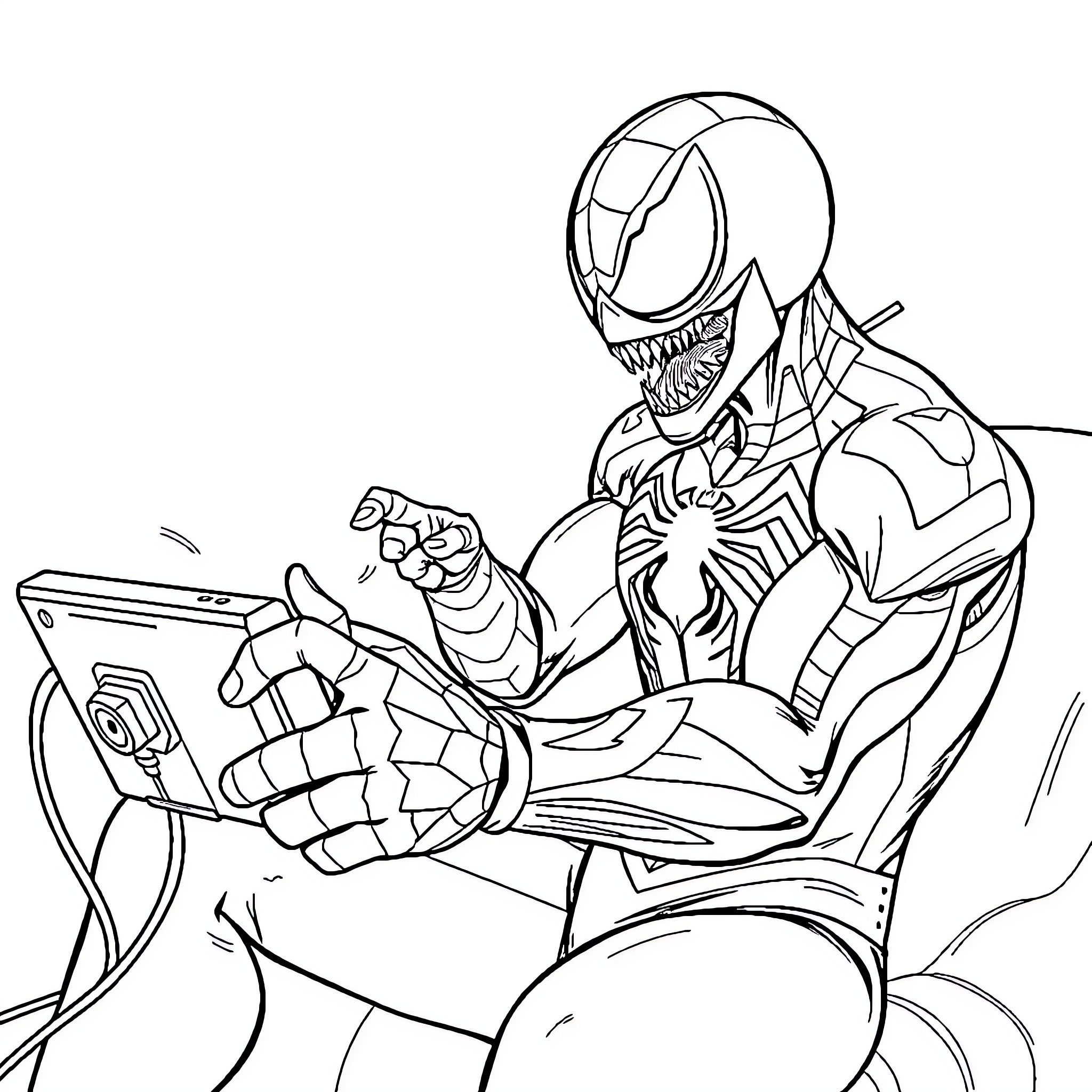 Spiderman gaming on a video game console Coloring Page (free black-and-white line drawing printable PDF for all, from beginners to advanced learners, including children, teens, adults, and seniors)