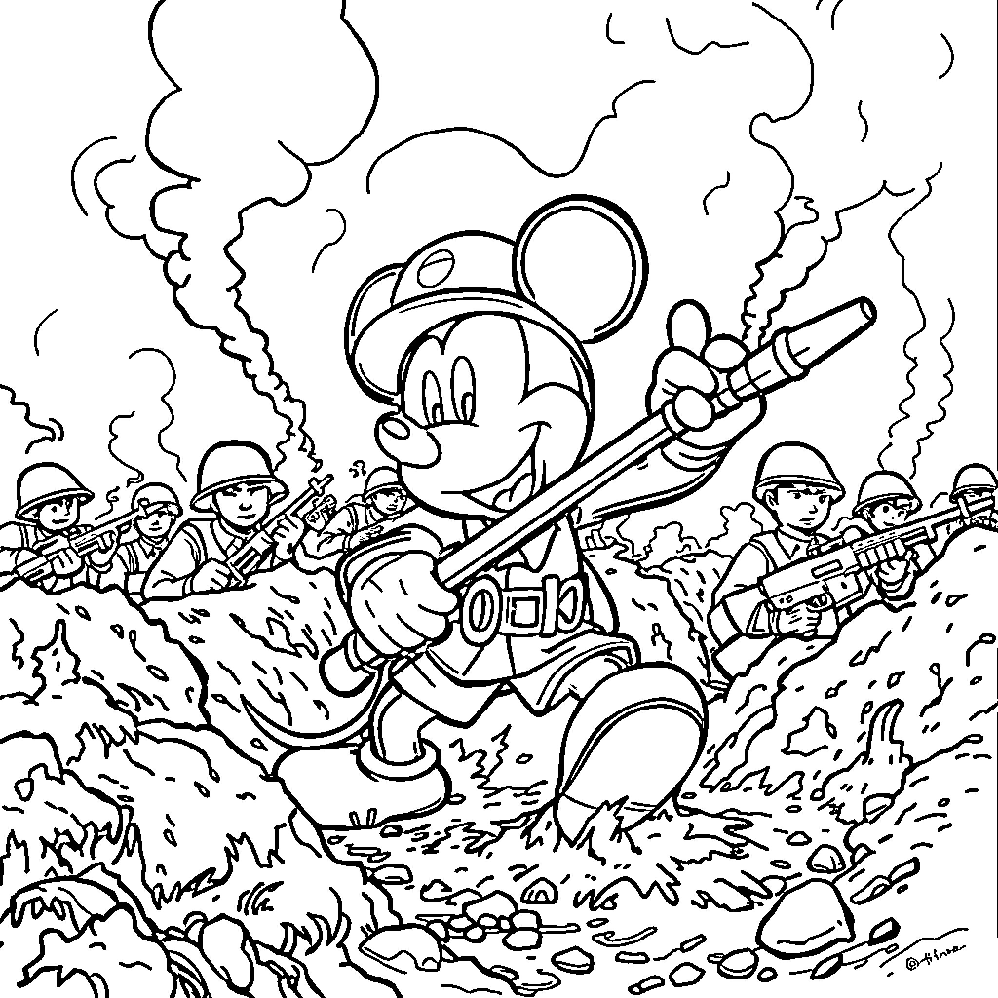 Mickey Mouse fighting with soldiers in battle scene Coloring Page (free black-and-white line drawing printable PDF for all, from beginners to advanced learners, including children, teens, adults, and seniors)
