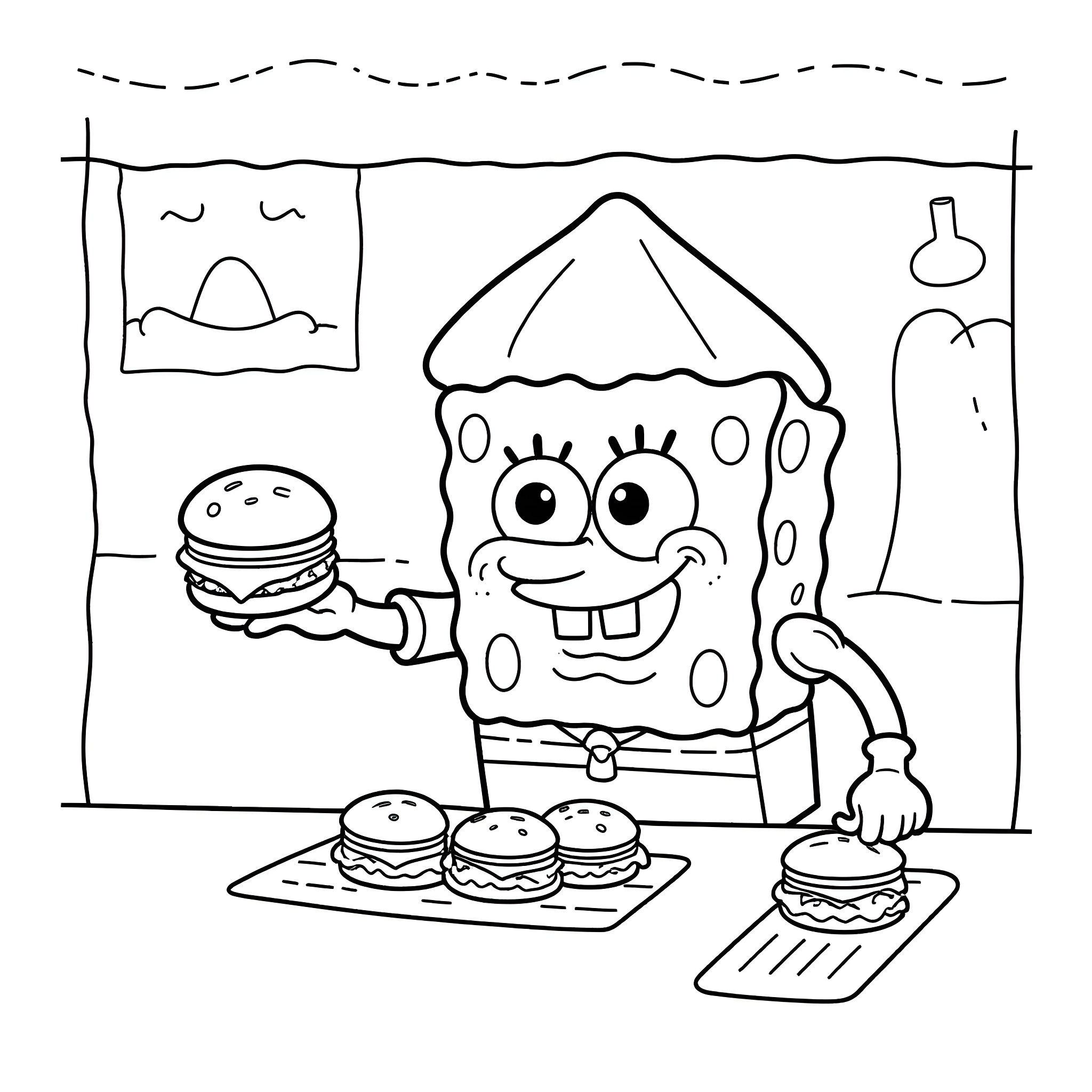 Spongebob having a burger party Coloring Page (free black-and-white line drawing printable PDF for all, from beginners to advanced learners, including children, teens, adults, and seniors)