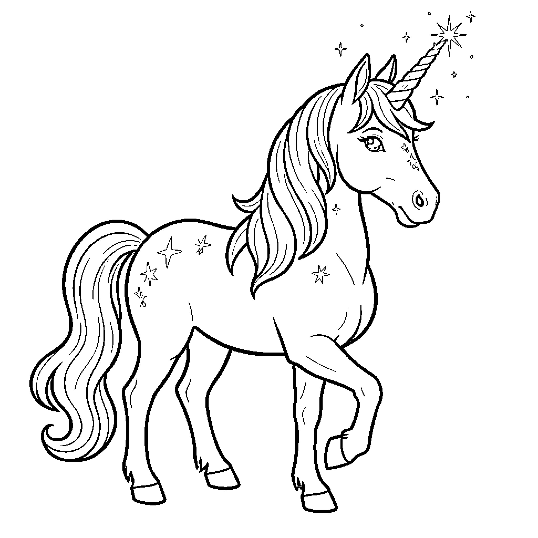 Unicorn with magical stars and glowing horn Coloring Page (free black-and-white line drawing printable PDF for all, from beginners to advanced learners, including children, teens, adults, and seniors)