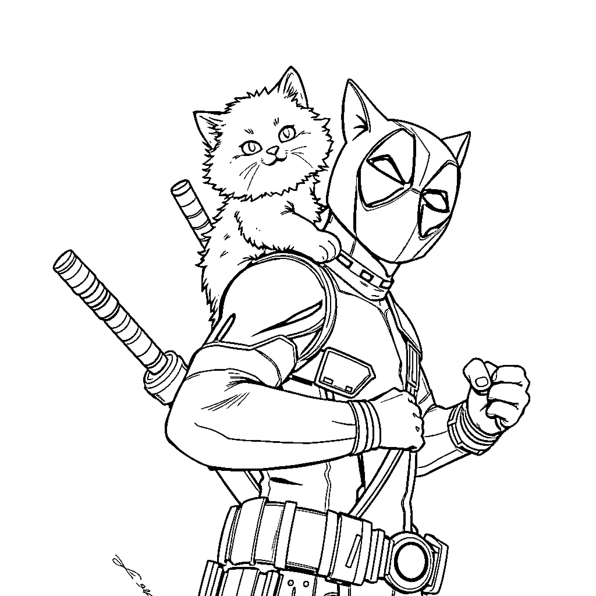 Cat Superhero in Heroic Pose Coloring Page (free black-and-white line drawing printable PDF for all, from beginners to advanced learners, including children, teens, adults, and seniors)