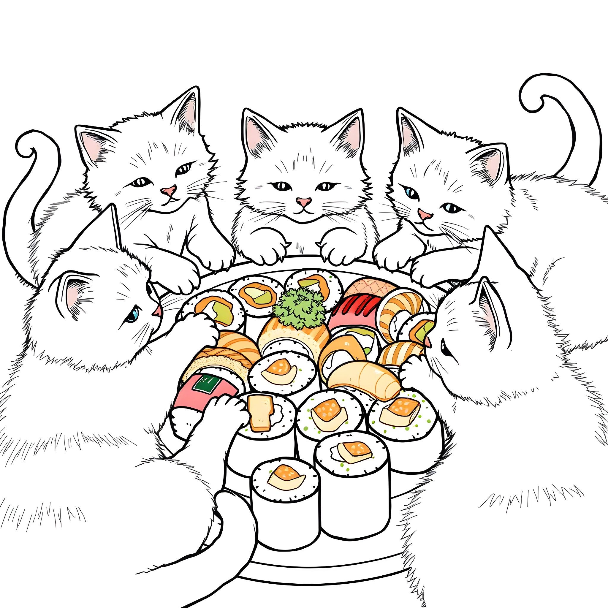 Cats peeking curiously at sushi platter Coloring Page (free black-and-white line drawing printable PDF for all, from beginners to advanced learners, including children, teens, adults, and seniors)