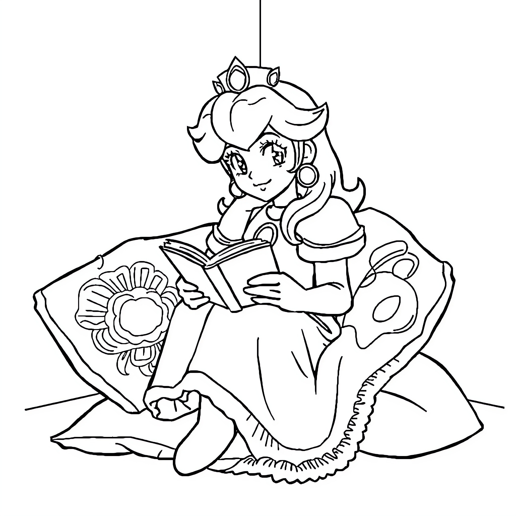 Princess Peach reading a book in a peaceful setting Coloring Page (free black-and-white line drawing printable PDF for all, from beginners to advanced learners, including children, teens, adults, and seniors)