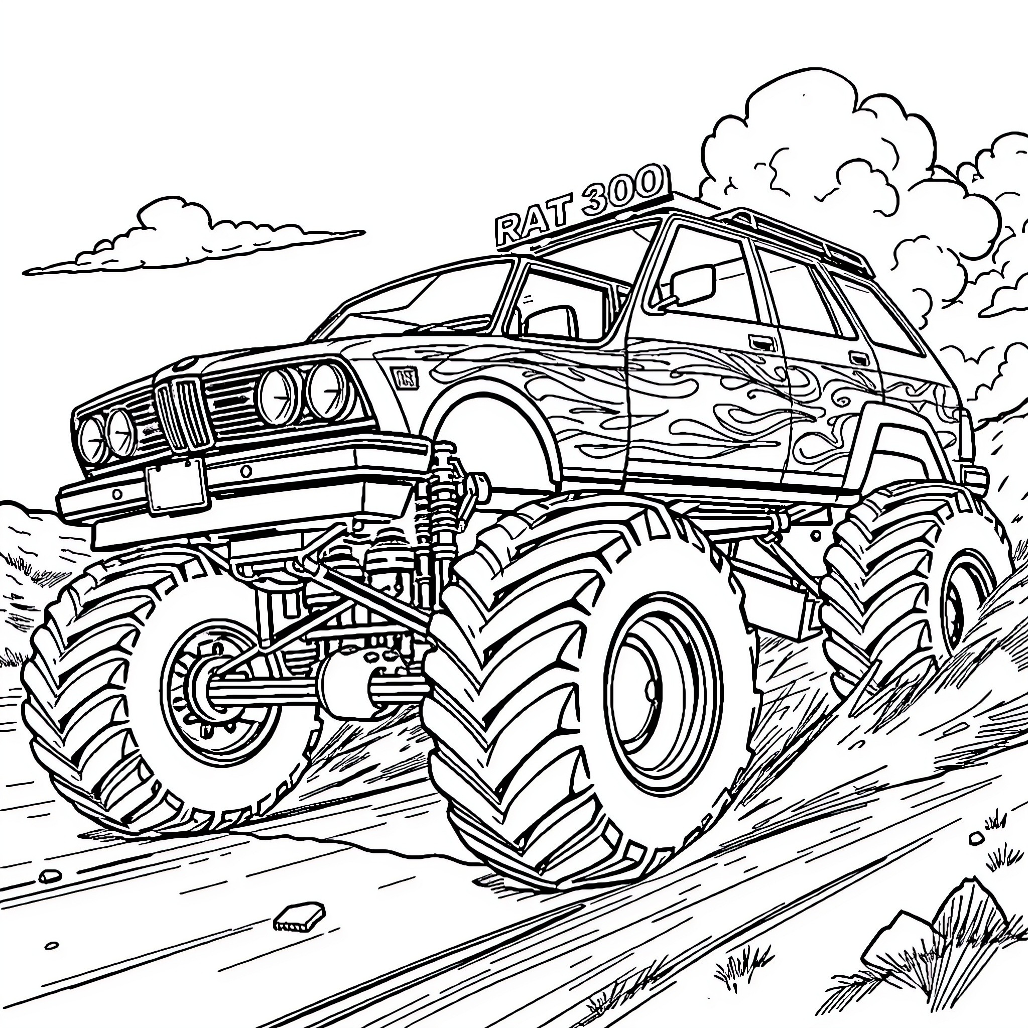 Car Zooming Over Rough Terrain with Flames Coloring Page (free black-and-white line drawing printable PDF for all, from beginners to advanced learners, including children, teens, adults, and seniors)