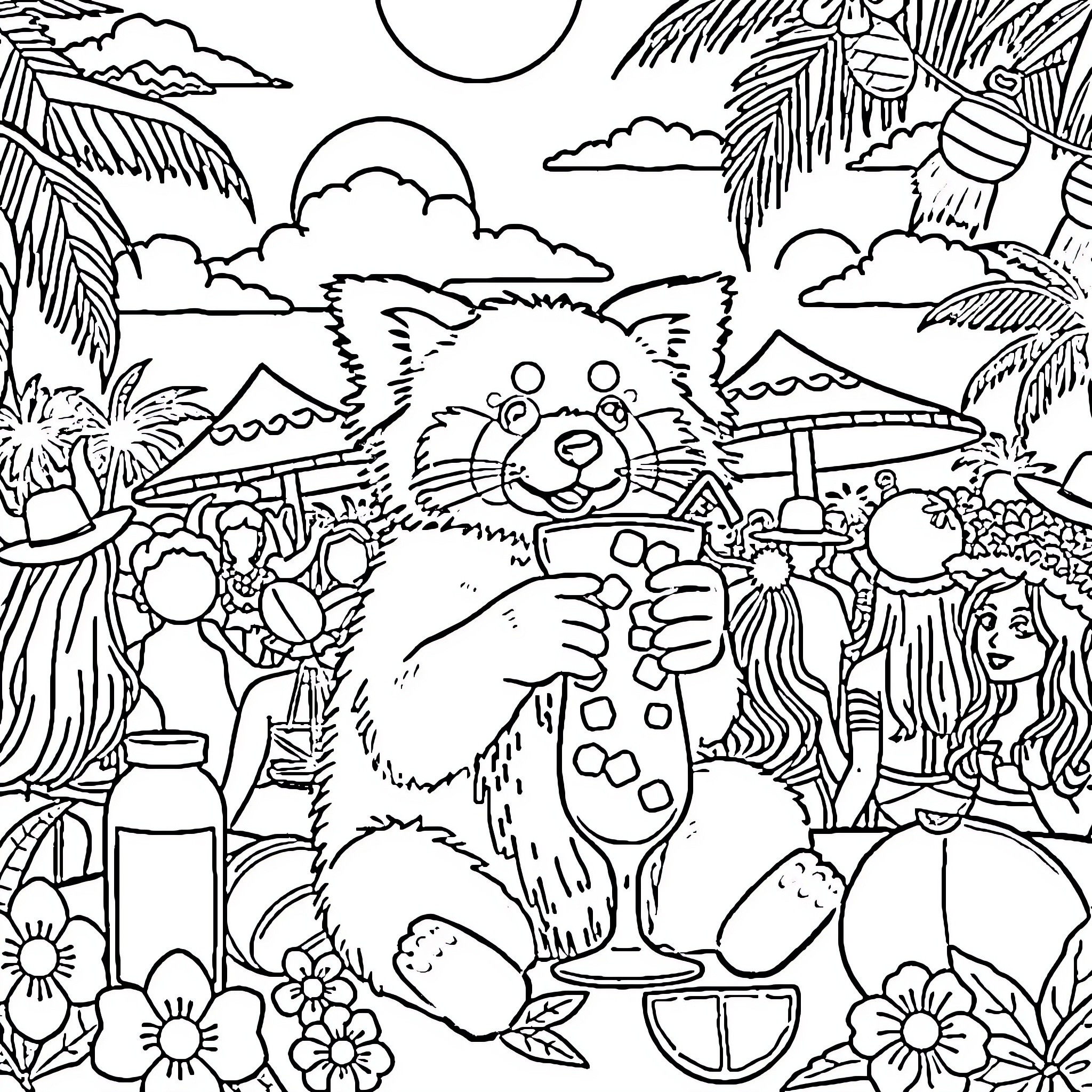 Red Panda enjoying a tropical paradise Coloring Page (free black-and-white line drawing printable PDF for all, from beginners to advanced learners, including children, teens, adults, and seniors)