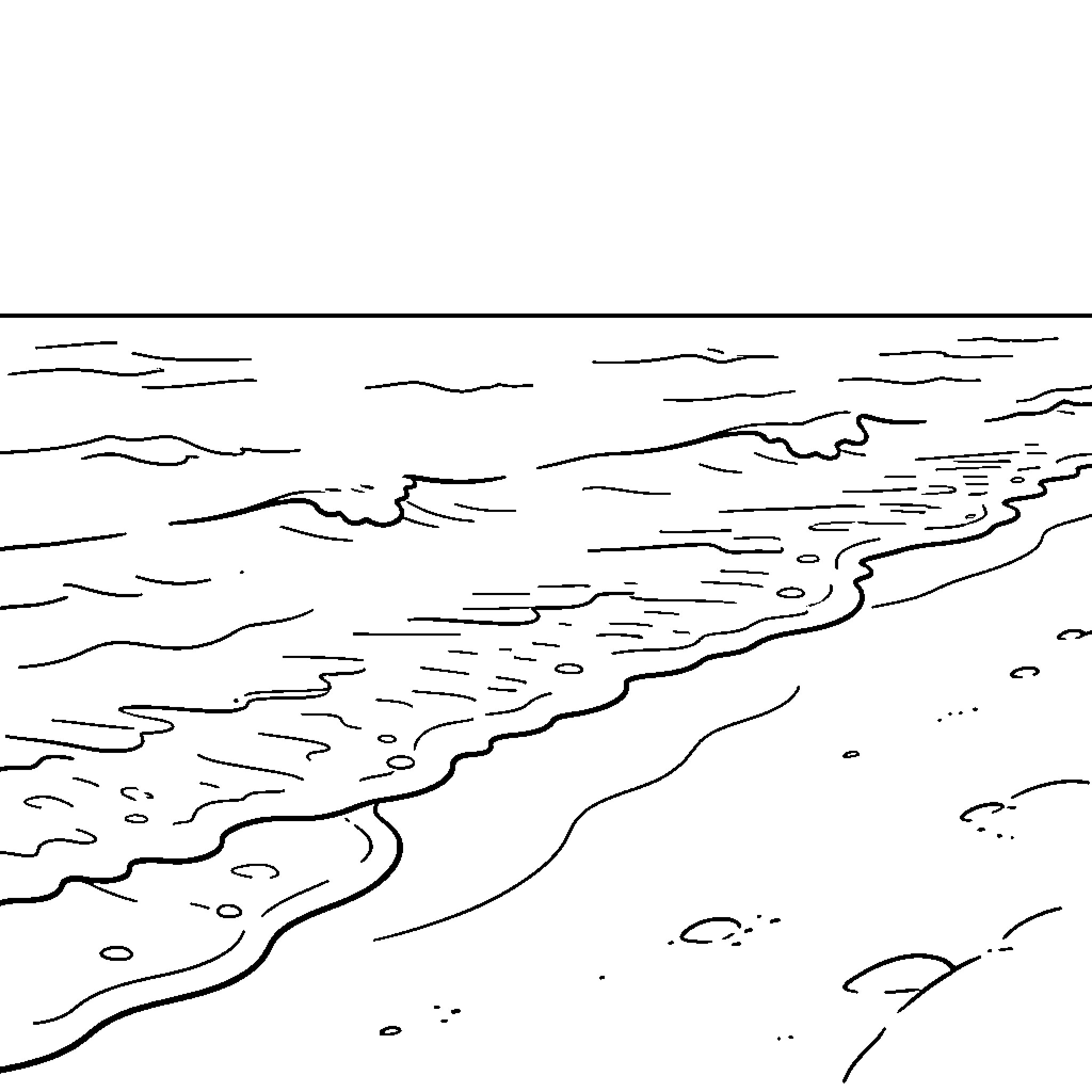 Beach waves gently washing onto the sandy shore Coloring Page (free black-and-white line drawing printable PDF for all, from beginners to advanced learners, including children, teens, adults, and seniors)
