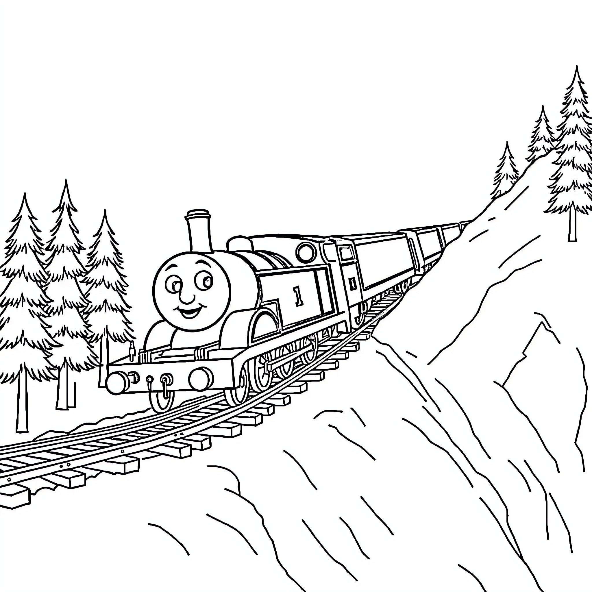 Thomas Train crossing the mountain bridge Coloring Page (free black-and-white line drawing printable PDF for all, from beginners to advanced learners, including children, teens, adults, and seniors)