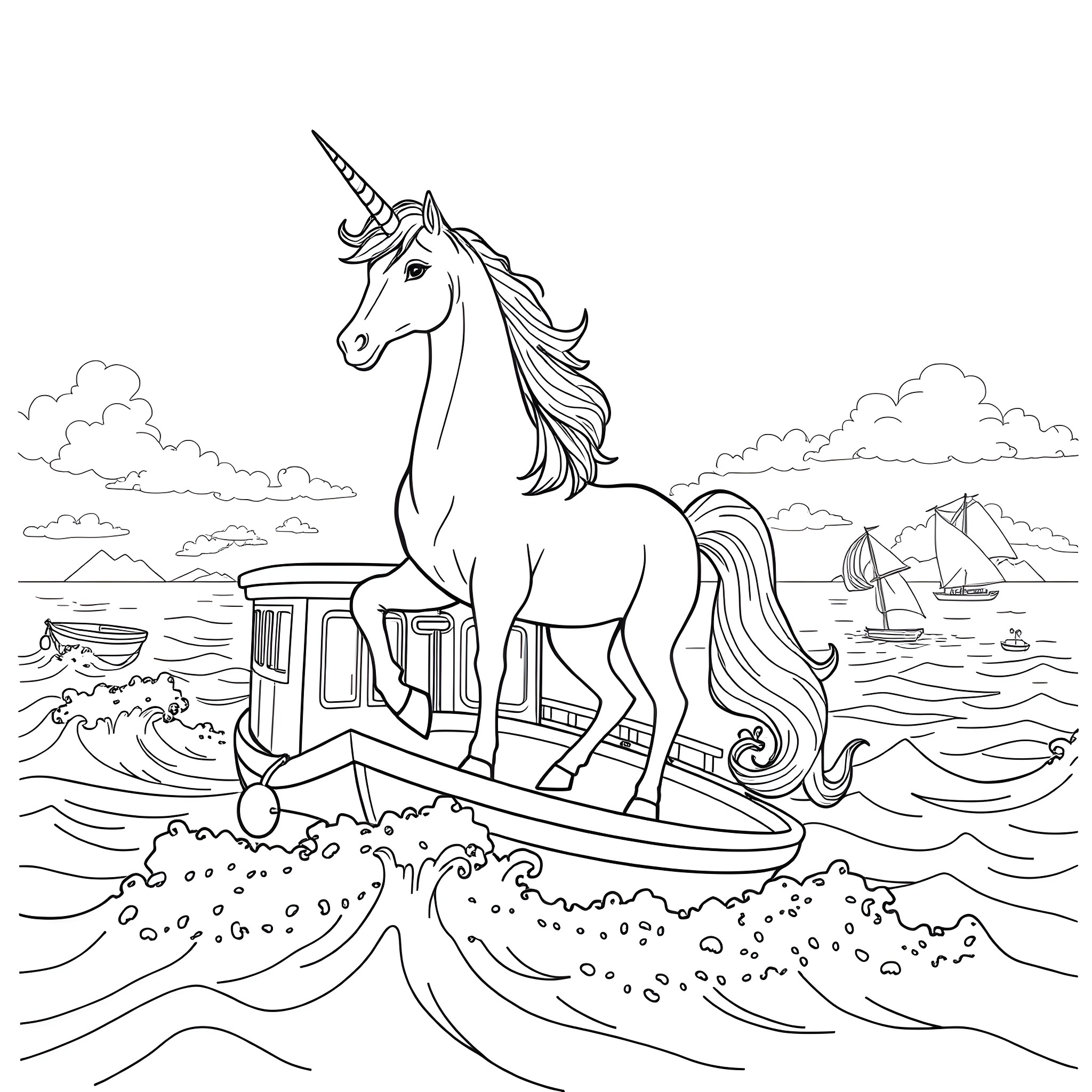 Unicorn riding a magical boat on the ocean Coloring Page (free black-and-white line drawing printable PDF for all, from beginners to advanced learners, including children, teens, adults, and seniors)