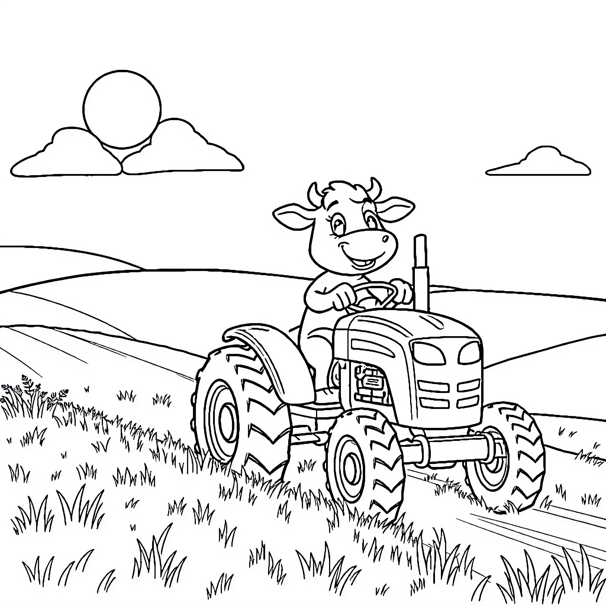 Cow driving a tractor in the countryside Coloring Page (free black-and-white line drawing printable PDF for all, from beginners to advanced learners, including children, teens, adults, and seniors)