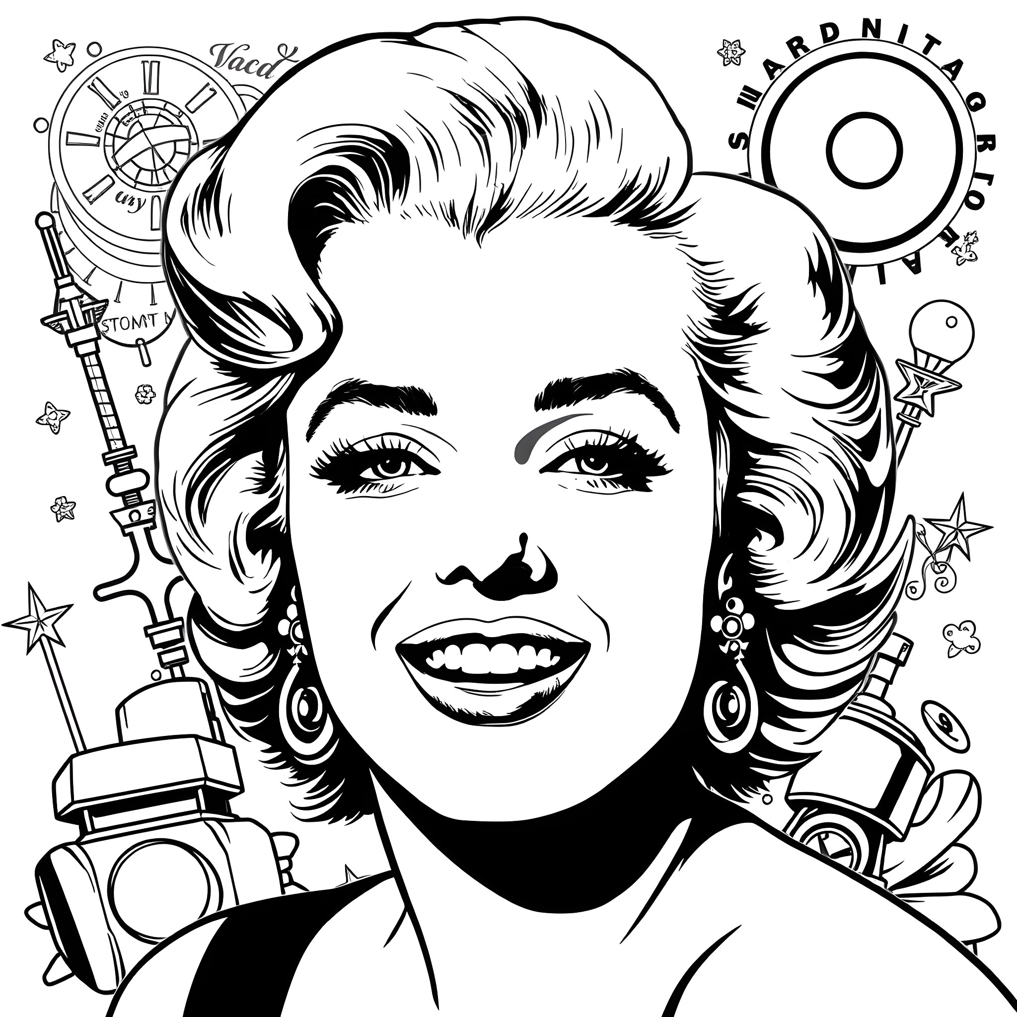 Marilyn Monroe in Pop Art Styled Illustration Coloring Page (free black-and-white line drawing printable PDF for all, from beginners to advanced learners, including children, teens, adults, and seniors)