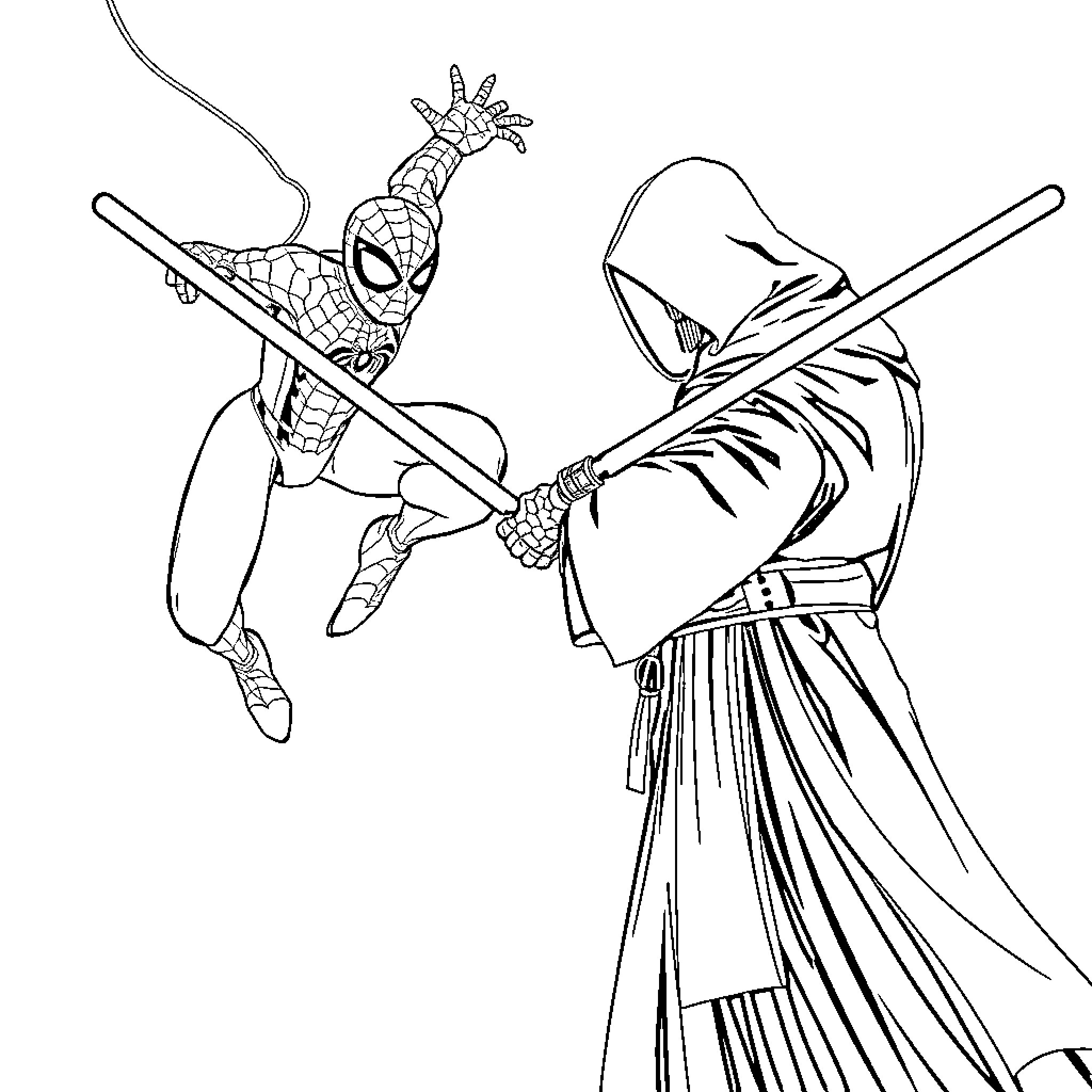 Spider-Man heroically battling a mysterious foe Coloring Page (free black-and-white line drawing printable PDF for all, from beginners to advanced learners, including children, teens, adults, and seniors)
