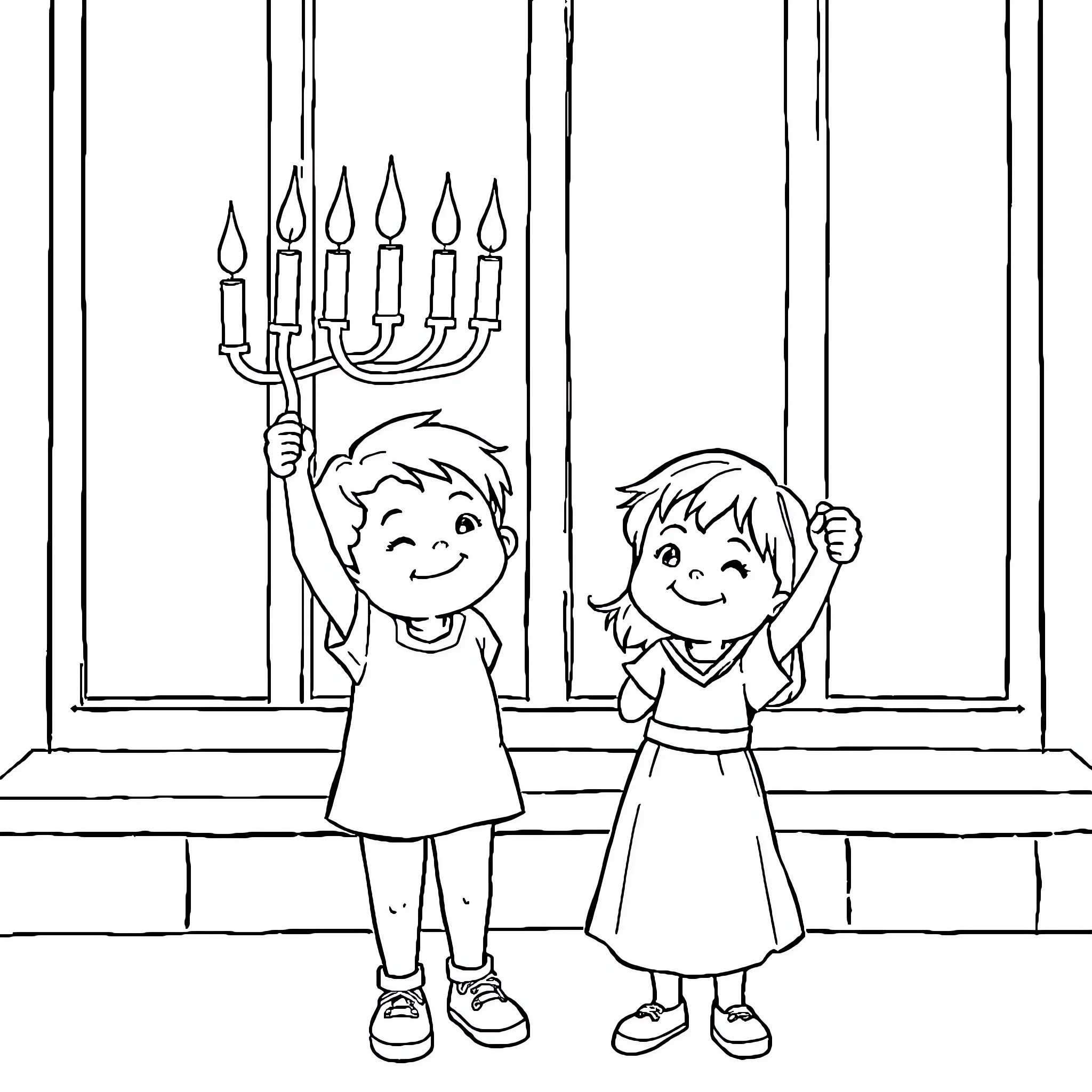 Child celebrating holiday with lighting candles Coloring Page (free black-and-white line drawing printable PDF for all, from beginners to advanced learners, including children, teens, adults, and seniors)