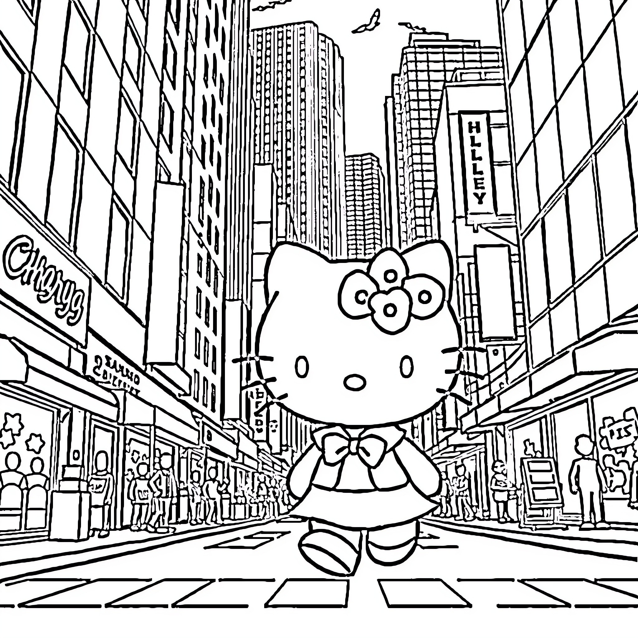 Hello Kitty exploring the bustling city streets Coloring Page (free black-and-white line drawing printable PDF for all, from beginners to advanced learners, including children, teens, adults, and seniors)