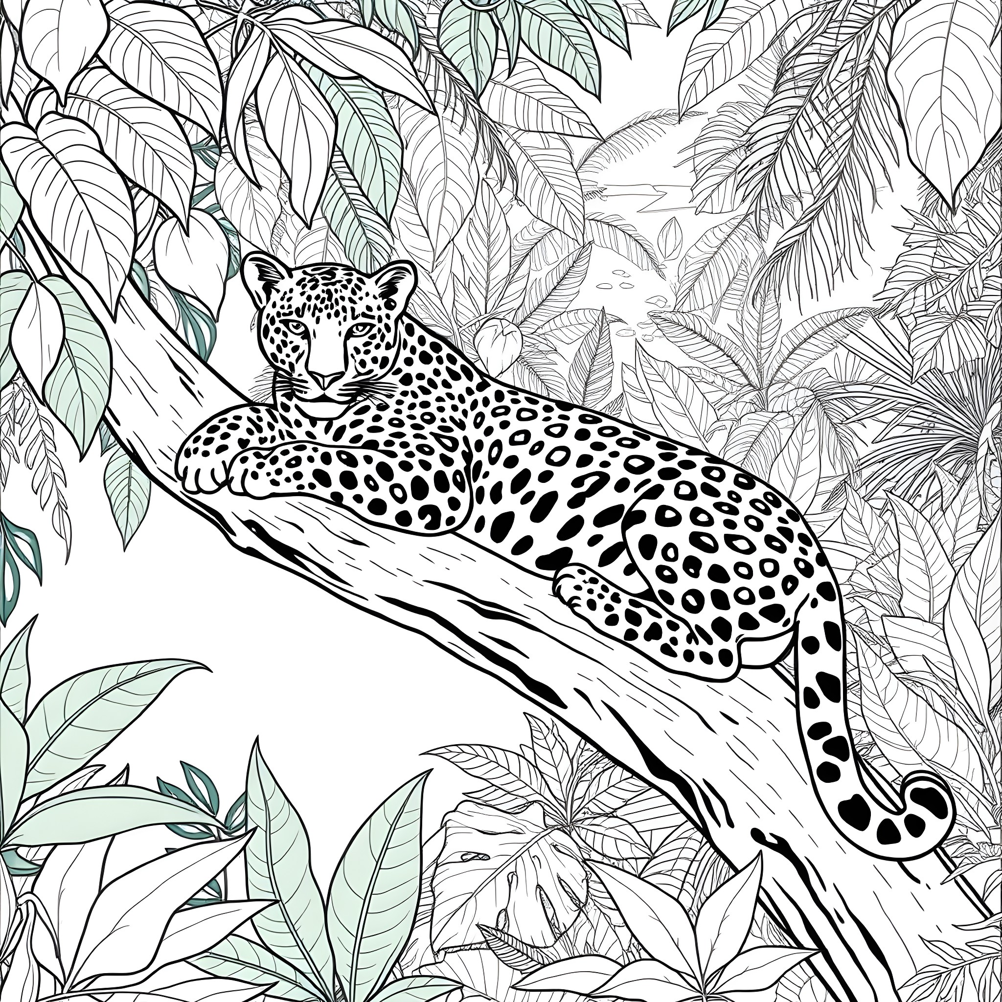 Leopard Resting on Tree Branch in Lush Jungle Coloring Page (free black-and-white line drawing printable PDF for all, from beginners to advanced learners, including children, teens, adults, and seniors)