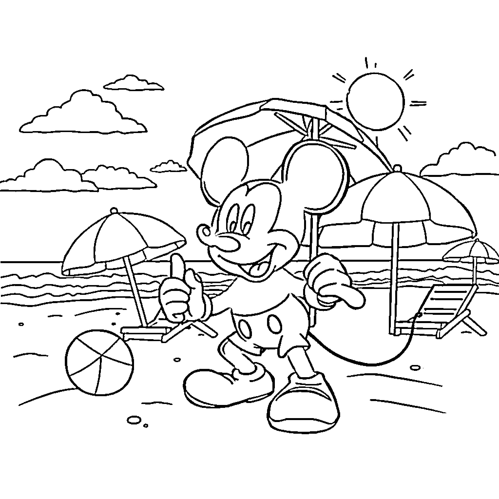 Mickey Mouse enjoying a sunny day at the beach Coloring Page (free black-and-white line drawing printable PDF for all, from beginners to advanced learners, including children, teens, adults, and seniors)