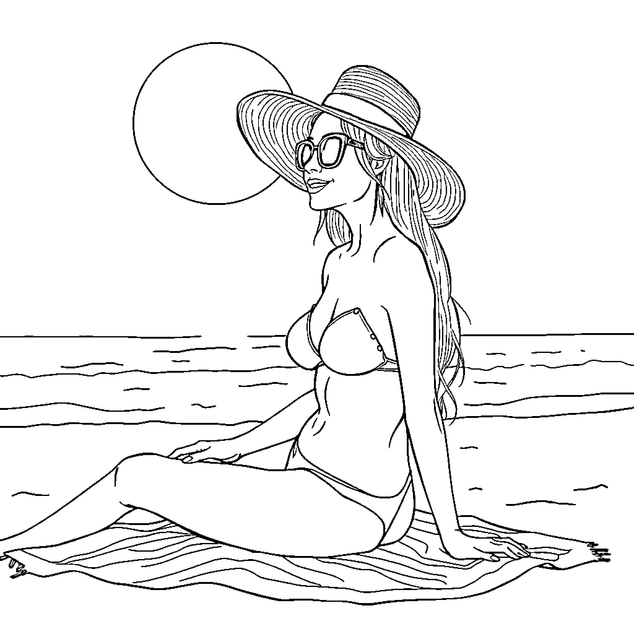Woman relaxing on the beach with a sun hat Coloring Page (free black-and-white line drawing printable PDF for all, from beginners to advanced learners, including children, teens, adults, and seniors)
