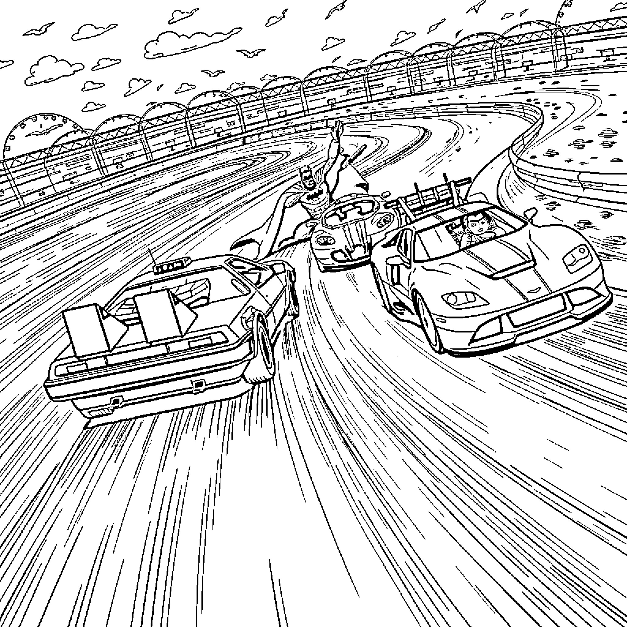 Cars racing on a winding track with obstacles Coloring Page (free black-and-white line drawing printable PDF for all, from beginners to advanced learners, including children, teens, adults, and seniors)