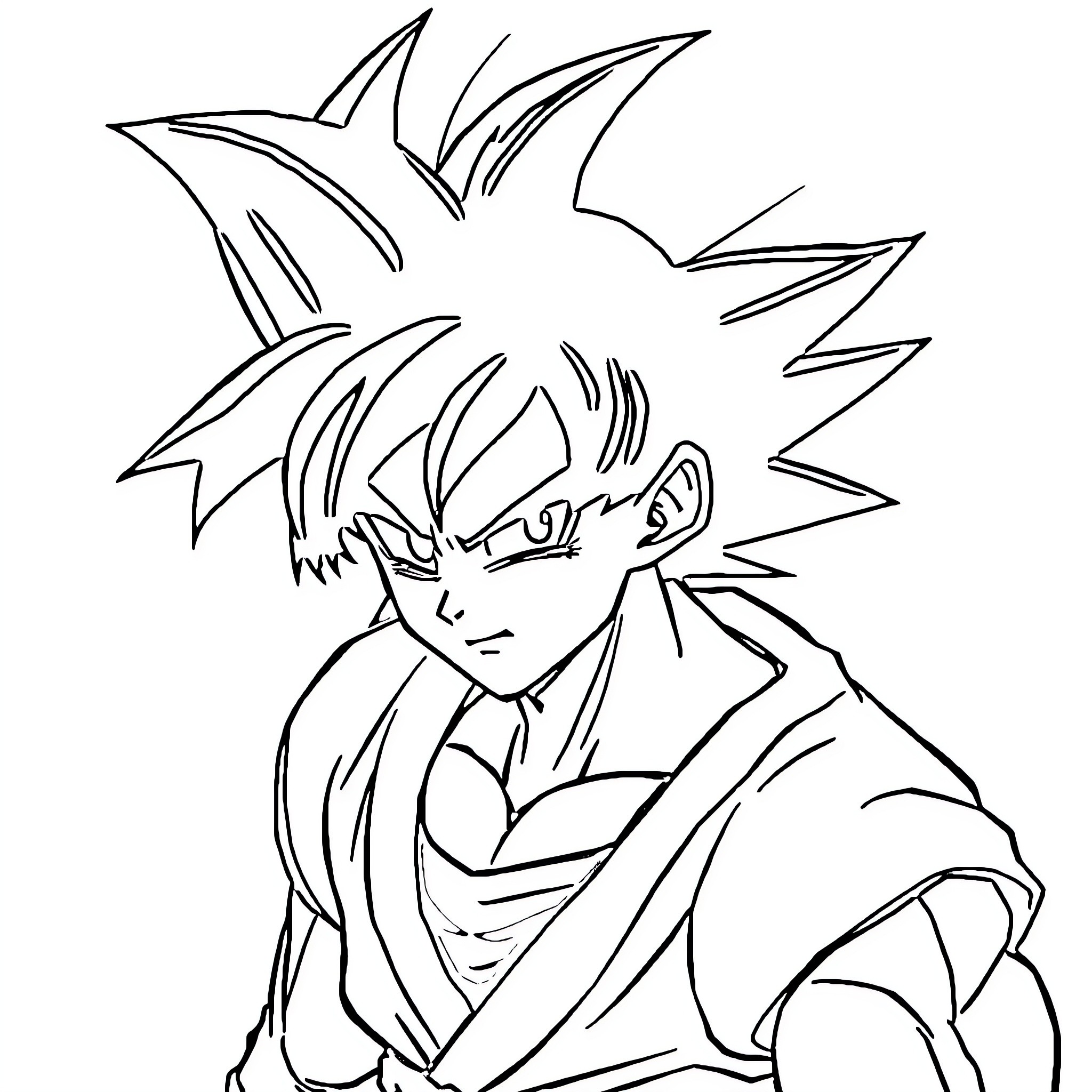 Goku's Determined Expression and Powerful Stance Coloring Page (free black-and-white line drawing printable PDF for all, from beginners to advanced learners, including children, teens, adults, and seniors)
