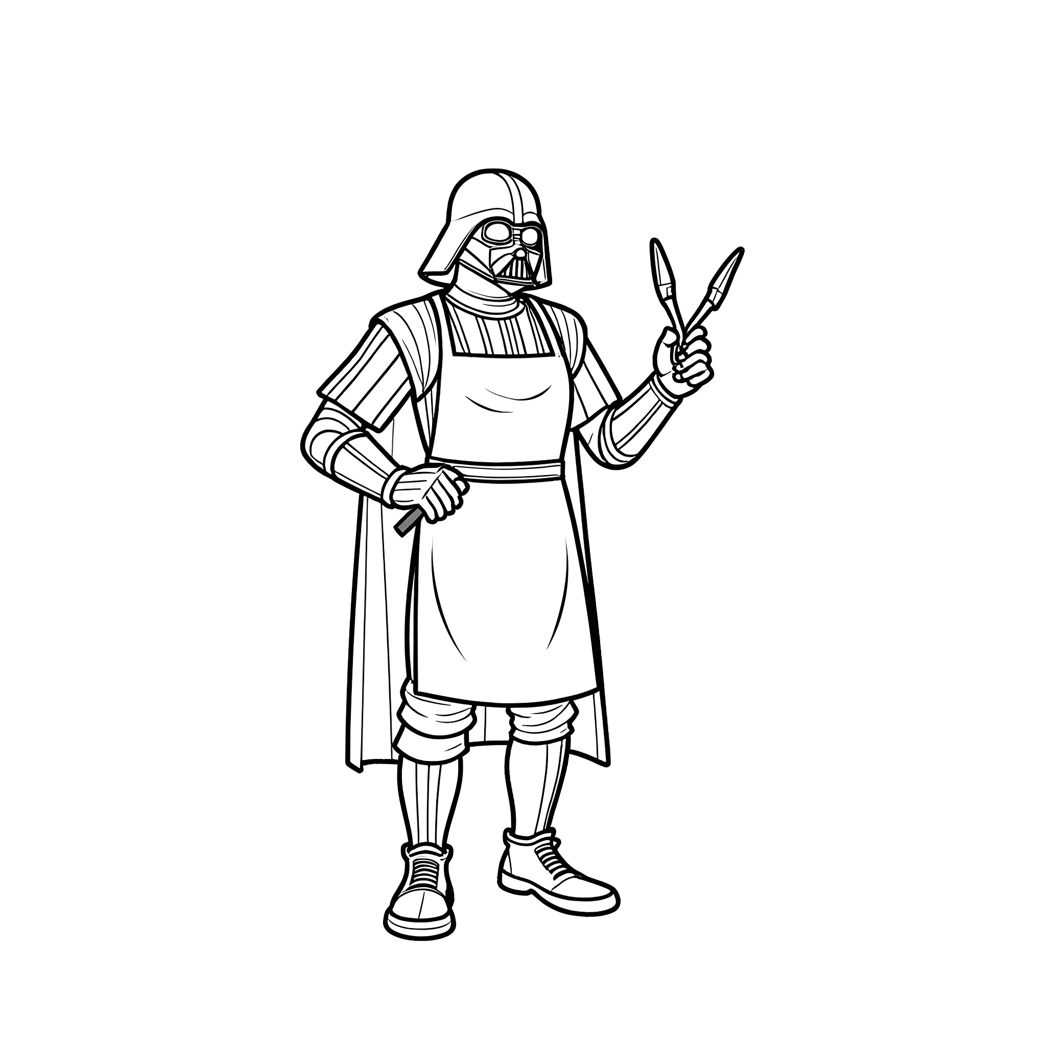 Darth Vader as a Galactic Gardener Coloring Page (free black-and-white line drawing printable PDF for all, from beginners to advanced learners, including children, teens, adults, and seniors)
