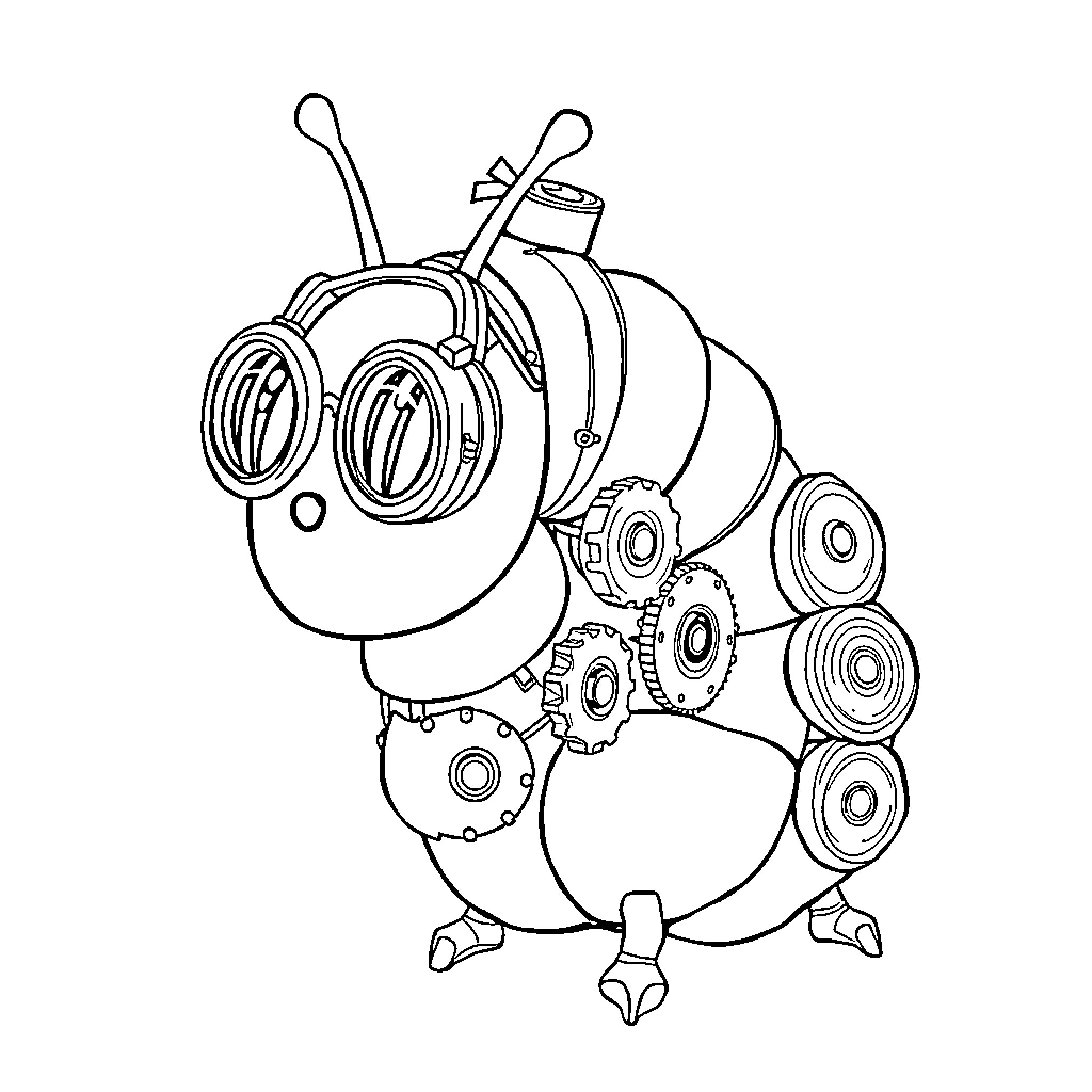 Caterpillar robot with mechanical features Coloring Page (free black-and-white line drawing printable PDF for all, from beginners to advanced learners, including children, teens, adults, and seniors)