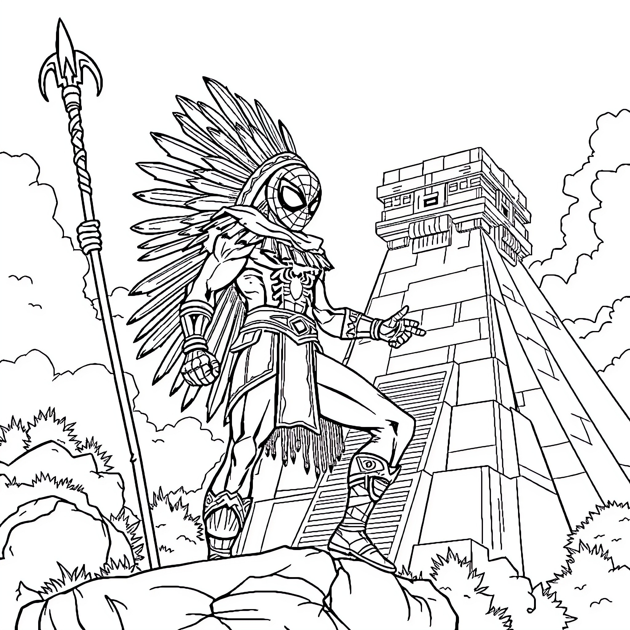 Spiderman exploring ancient Mayan ruins Coloring Page (free black-and-white line drawing printable PDF for all, from beginners to advanced learners, including children, teens, adults, and seniors)
