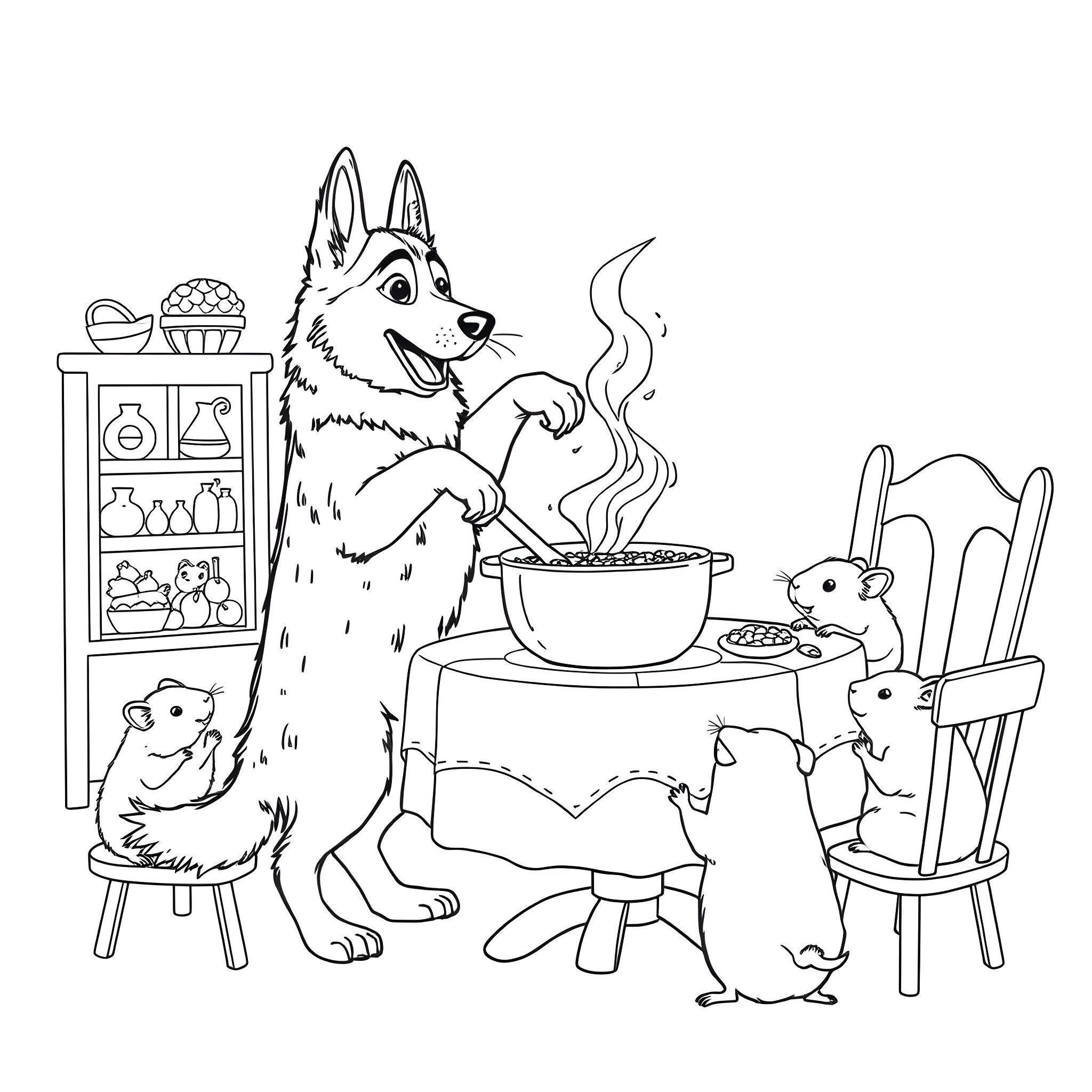 German Shepherd Cooking Treats with Bunnies Coloring Page (free black-and-white line drawing printable PDF for all, from beginners to advanced learners, including children, teens, adults, and seniors)