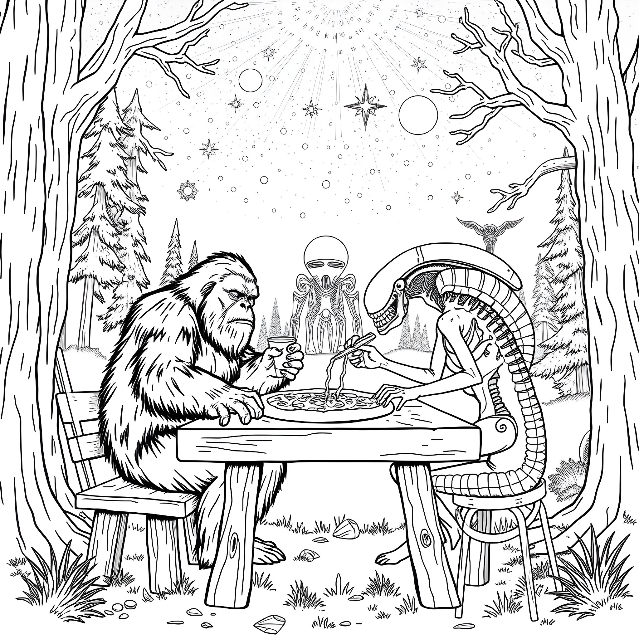 Bigfoot Playing Chess with an Alien in the Forest Coloring Page (free black-and-white line drawing printable PDF for all, from beginners to advanced learners, including children, teens, adults, and seniors)
