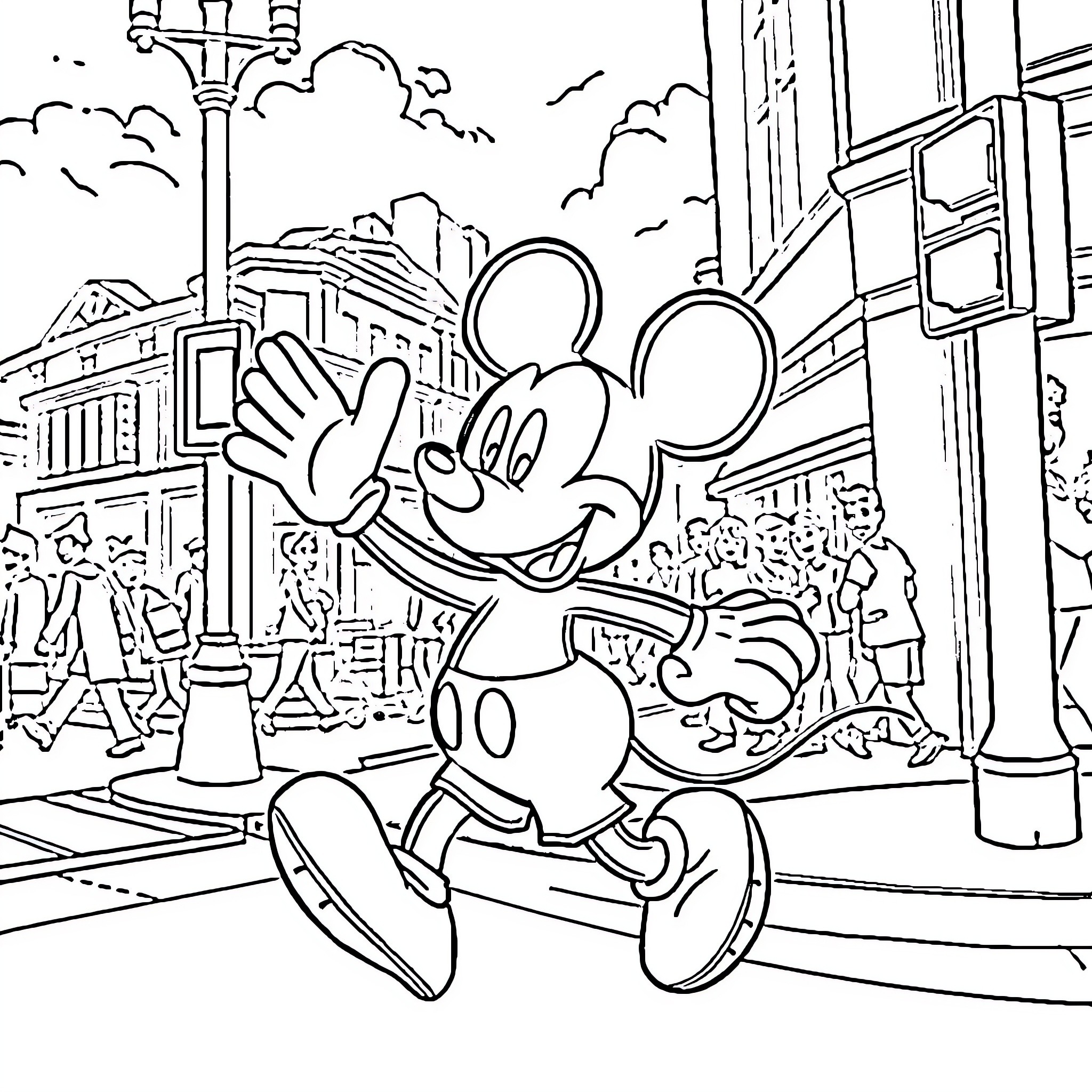 Mickey Mouse Waving in a Crowded City Scene Coloring Page (free black-and-white line drawing printable PDF for all, from beginners to advanced learners, including children, teens, adults, and seniors)