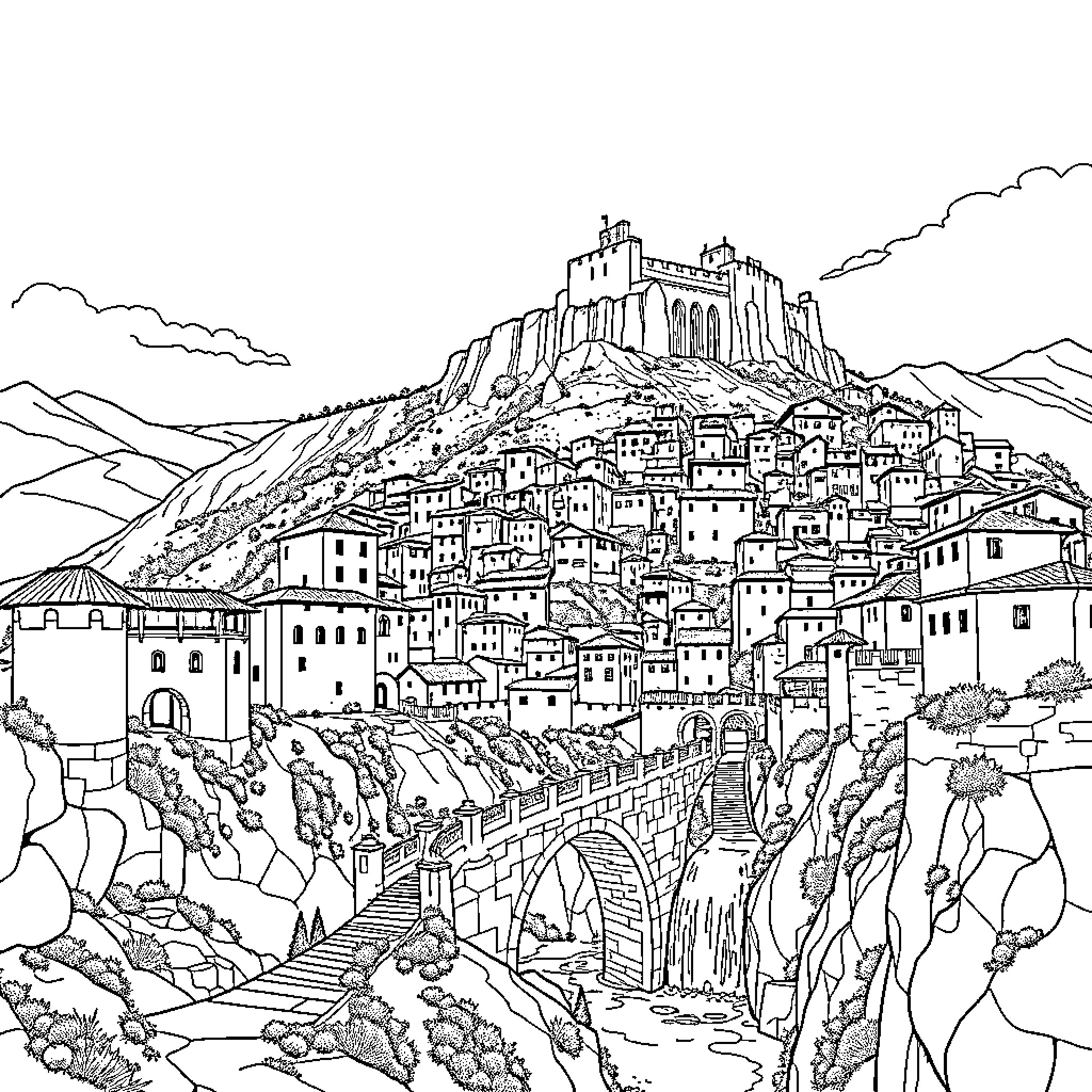 Pueblo of traditional architecture in mountainous landscape Coloring Page (free black-and-white line drawing printable PDF for all, from beginners to advanced learners, including children, teens, adults, and seniors)