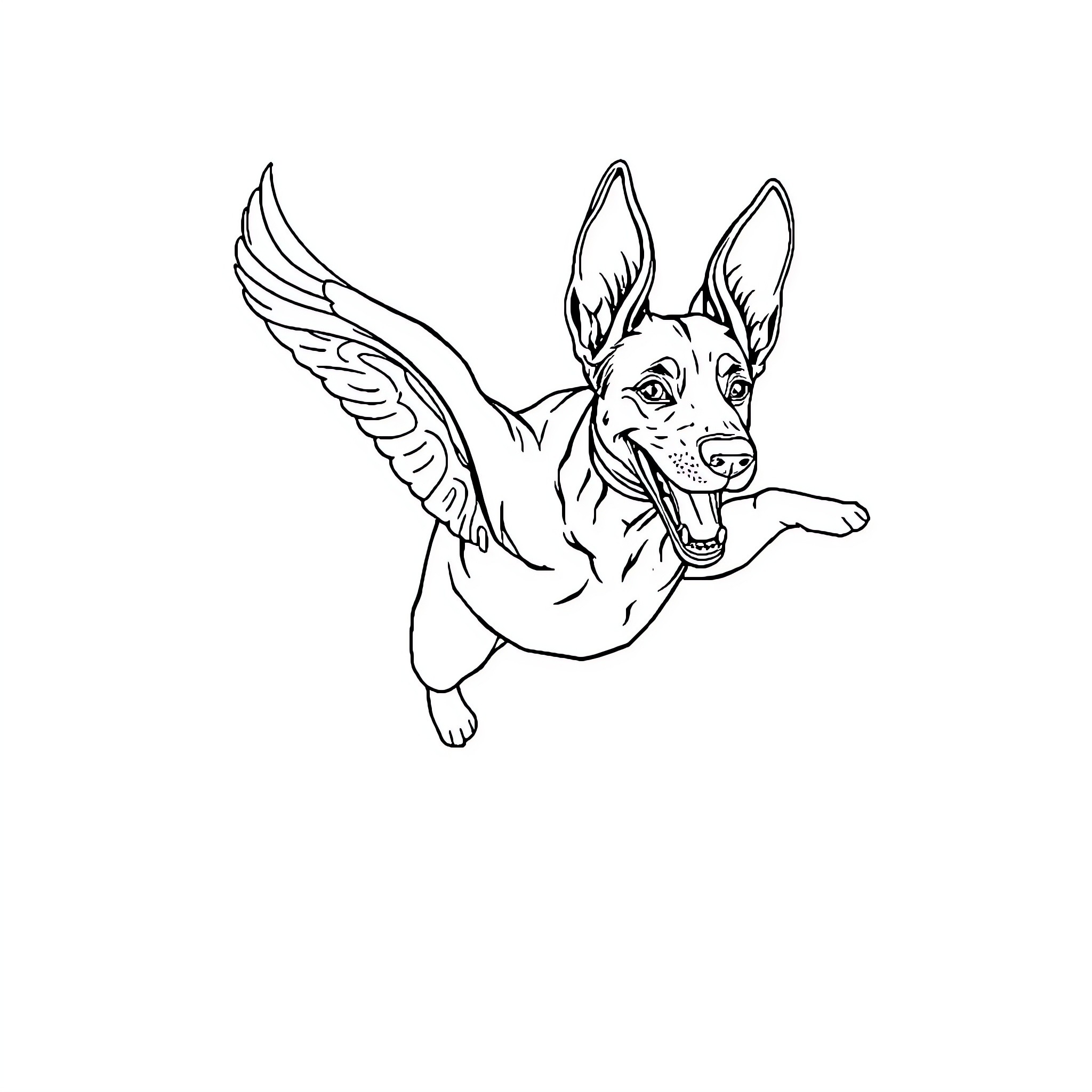 Malinois with angelic wings soaring happily Coloring Page (free black-and-white line drawing printable PDF for all, from beginners to advanced learners, including children, teens, adults, and seniors)