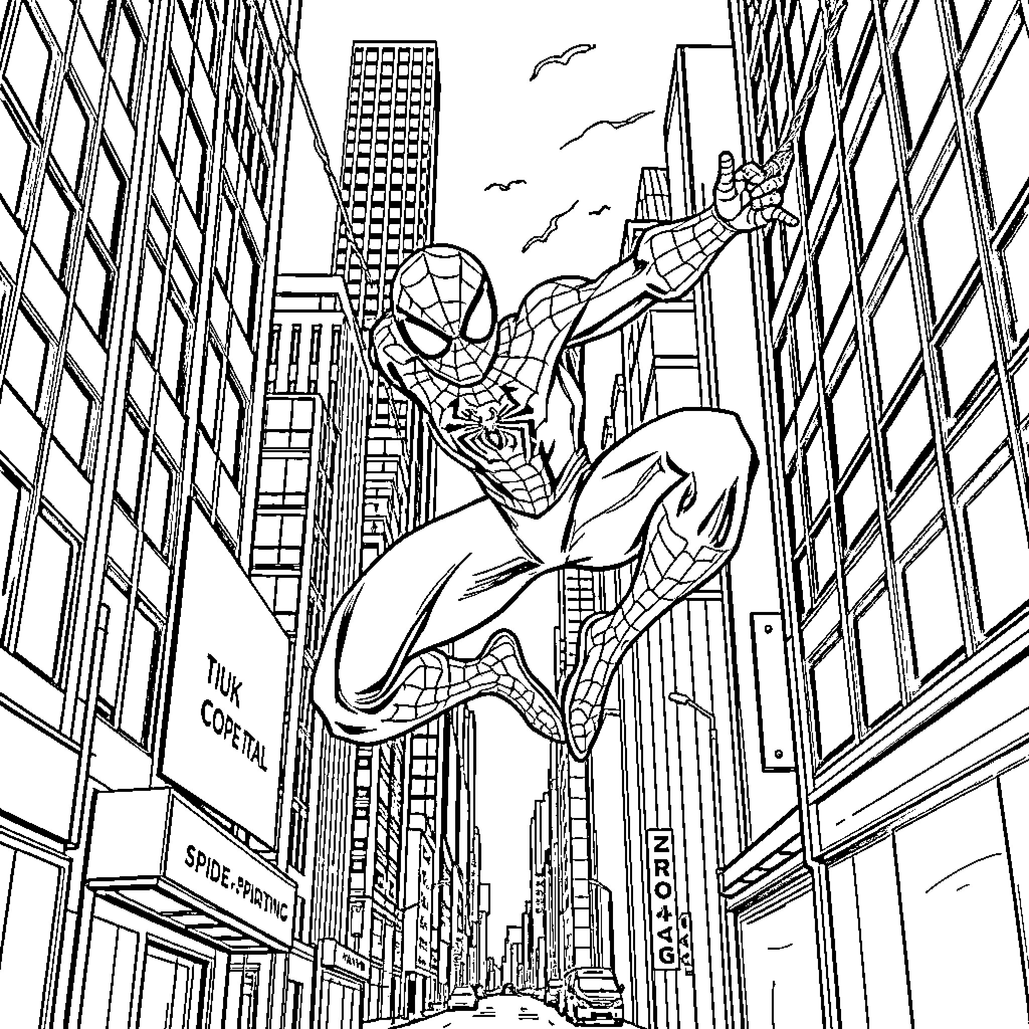 Spiderman swinging through the city skyline Coloring Page (free black-and-white line drawing printable PDF for all, from beginners to advanced learners, including children, teens, adults, and seniors)