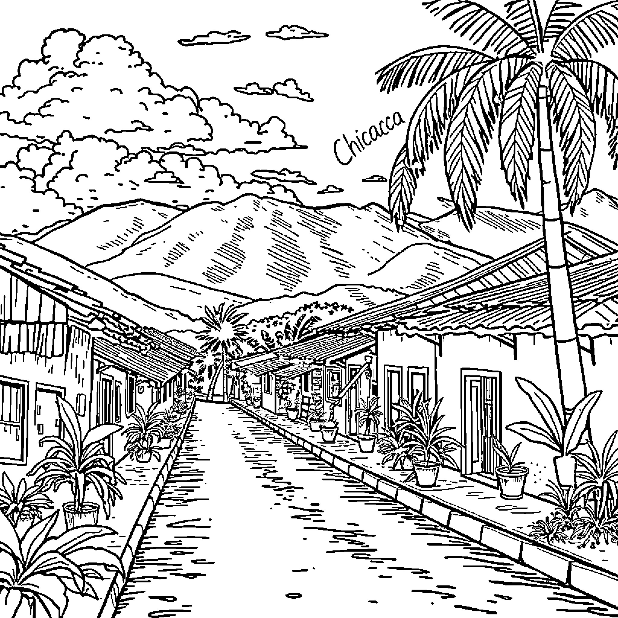 Chicacoa: Serene Village Nestled in Tropical Landscape Coloring Page (free black-and-white line drawing printable PDF for all, from beginners to advanced learners, including children, teens, adults, and seniors)