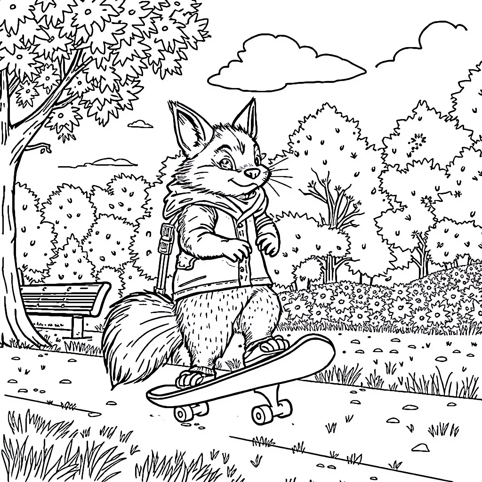 Gryphon on a skateboard in a nature scene Coloring Page (free black-and-white line drawing printable PDF for all, from beginners to advanced learners, including children, teens, adults, and seniors)