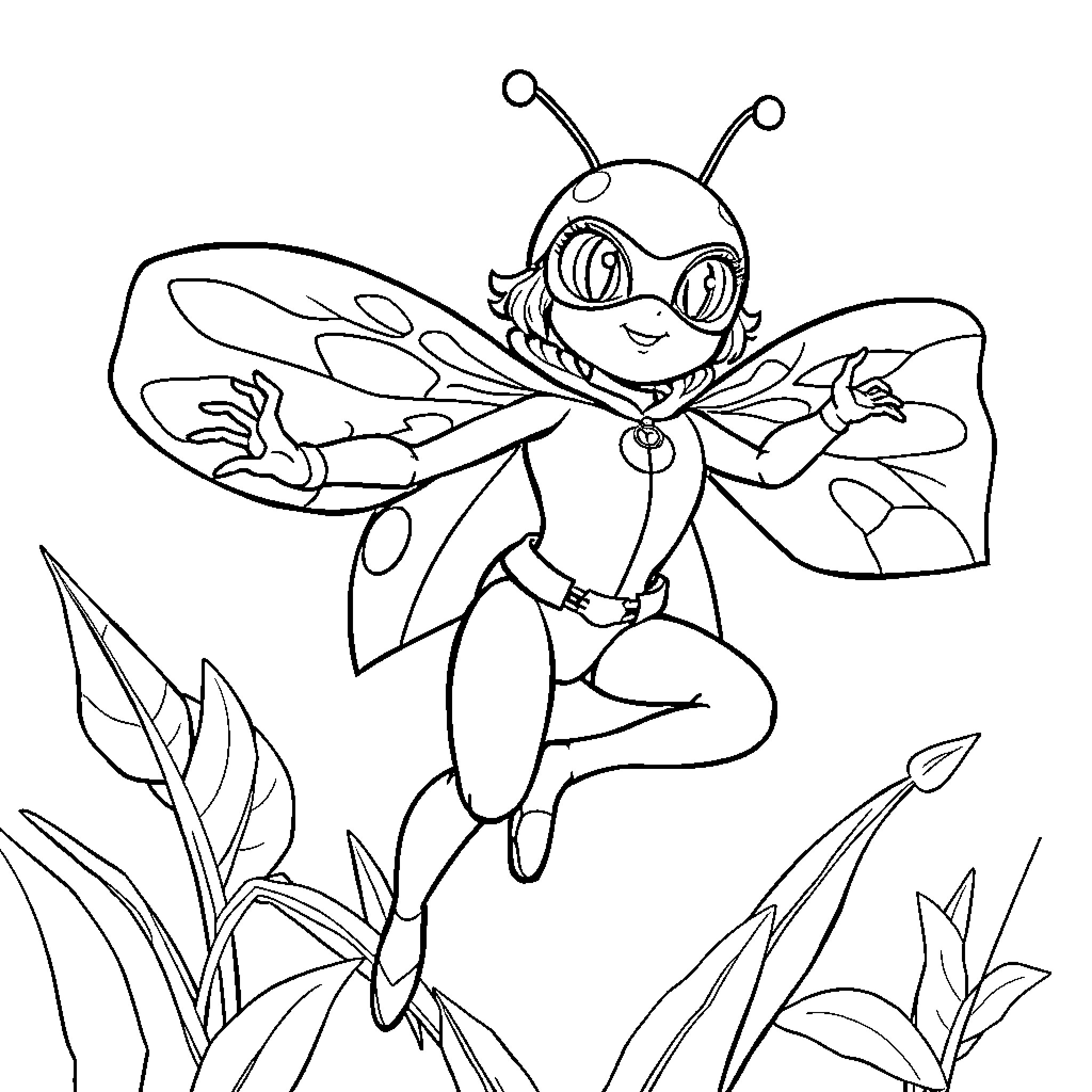Ladybug having a joyful day in nature Coloring Page (free black-and-white line drawing printable PDF for all, from beginners to advanced learners, including children, teens, adults, and seniors)