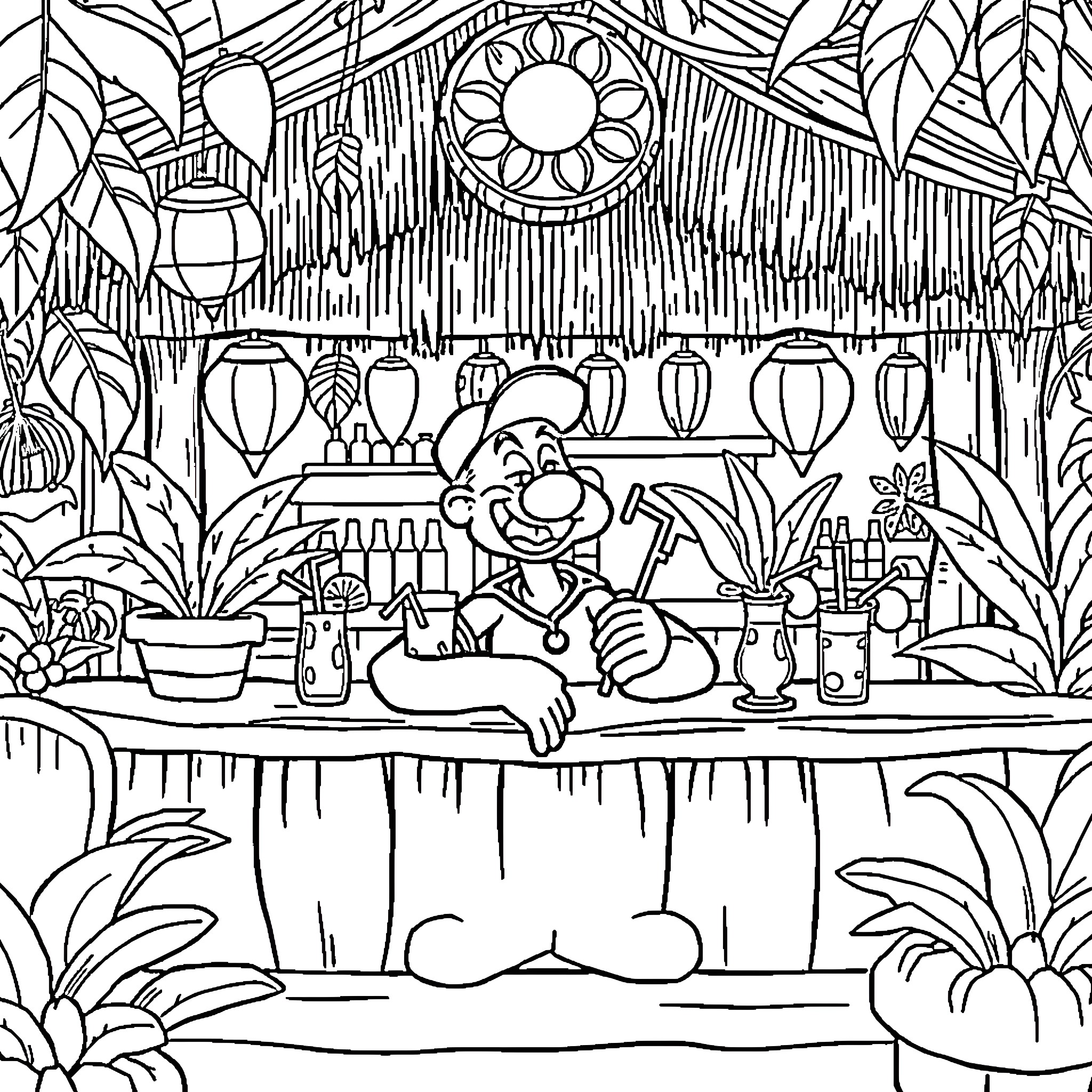 Popeye's Tropical Hideaway Coloring Page (free black-and-white line drawing printable PDF for all, from beginners to advanced learners, including children, teens, adults, and seniors)