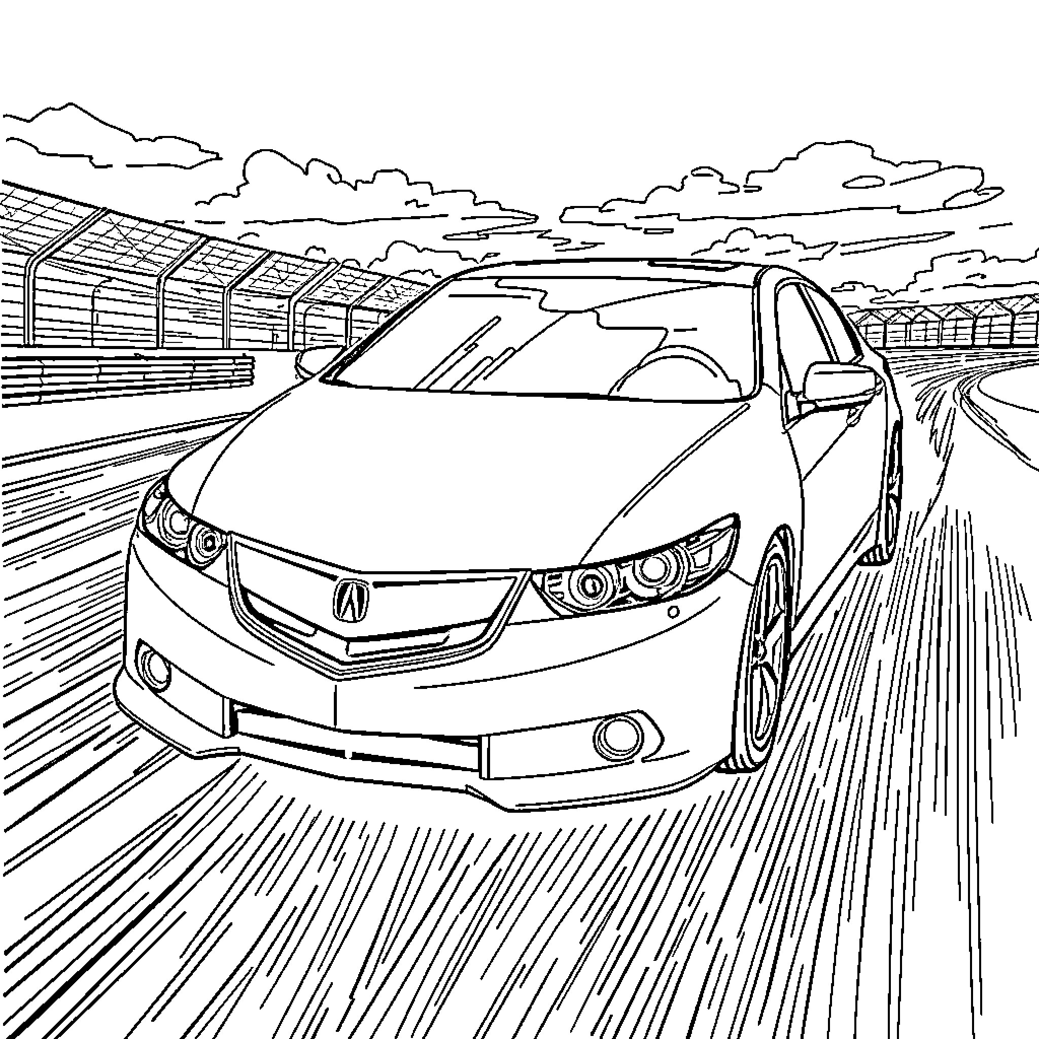 Acura TSX speeding on racing track Coloring Page (free black-and-white line drawing printable PDF for all, from beginners to advanced learners, including children, teens, adults, and seniors)