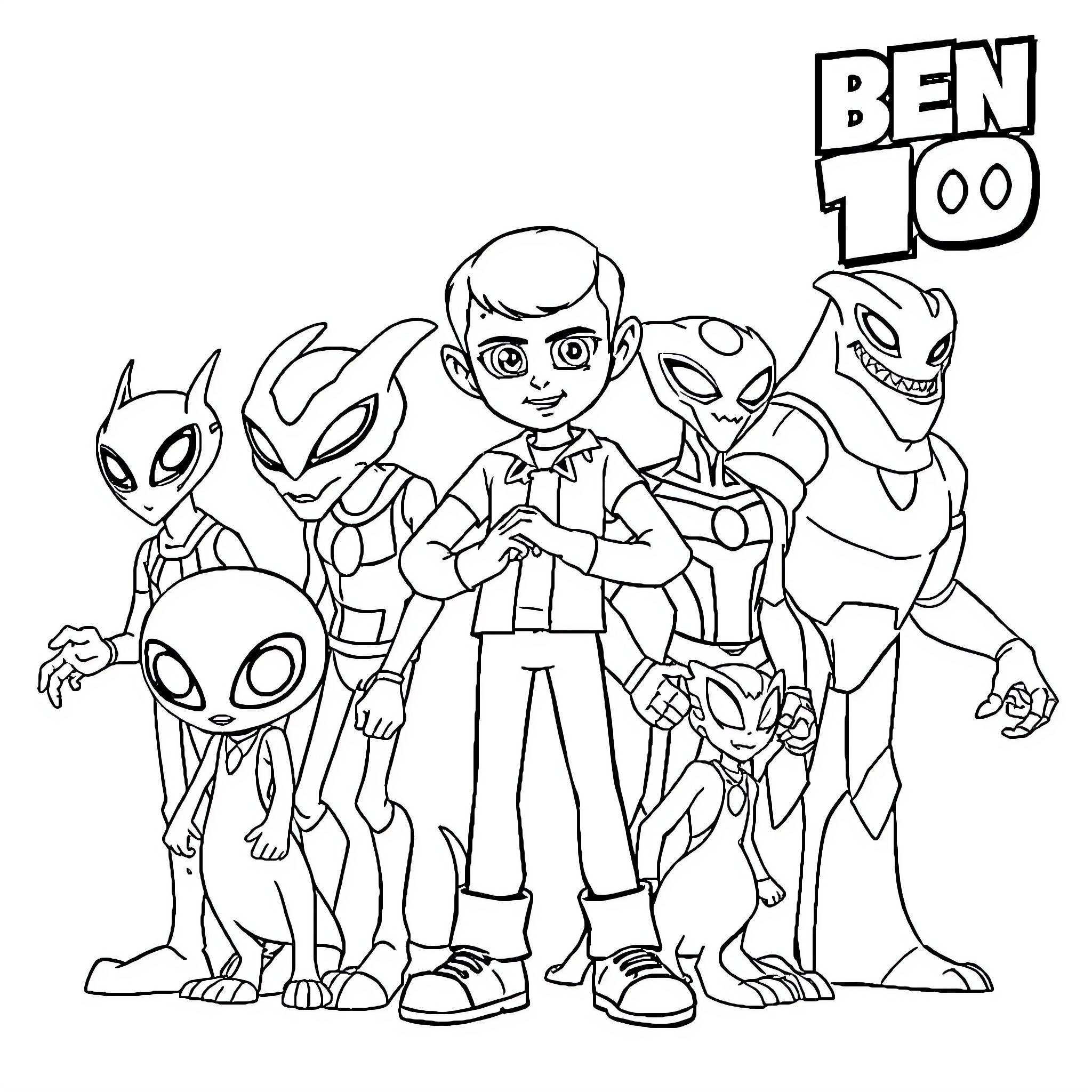 Ben 10 and his alien heroes in action Coloring Page (free black-and-white line drawing printable PDF for all, from beginners to advanced learners, including children, teens, adults, and seniors)