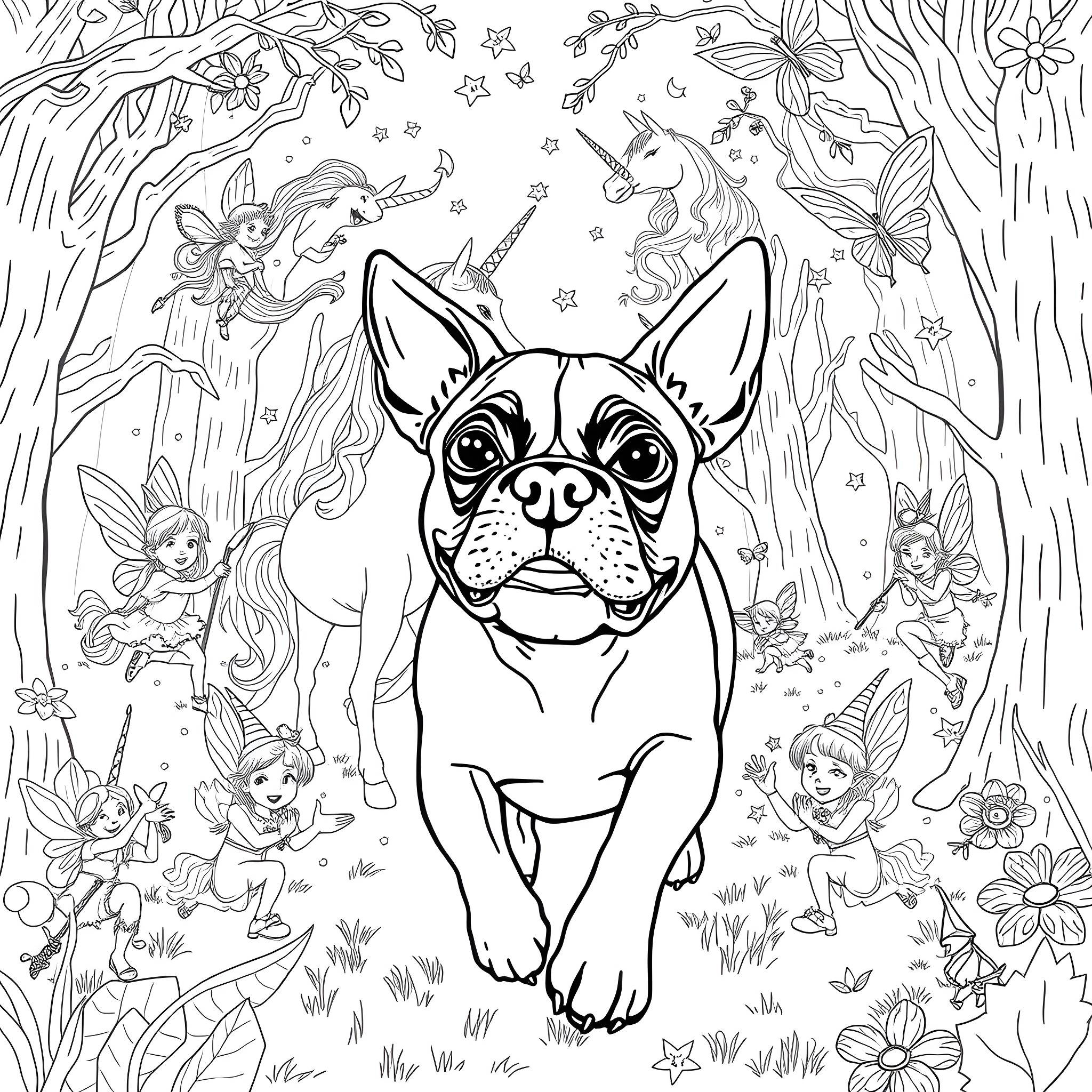 Boxer dog surrounded by whimsical forest creatures Coloring Page (free black-and-white line drawing printable PDF for all, from beginners to advanced learners, including children, teens, adults, and seniors)
