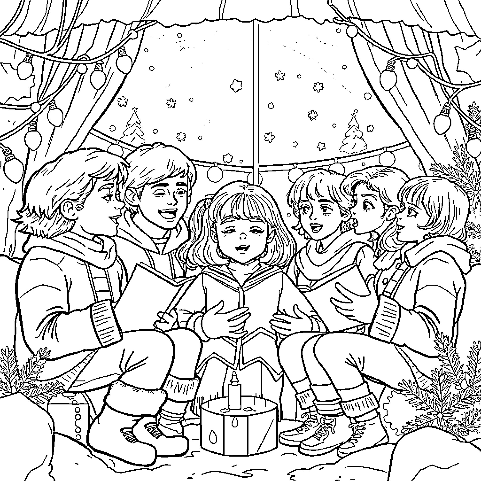Stranger Things: Friends Celebrating Winter Wonderland Coloring Page (free black-and-white line drawing printable PDF for all, from beginners to advanced learners, including children, teens, adults, and seniors)