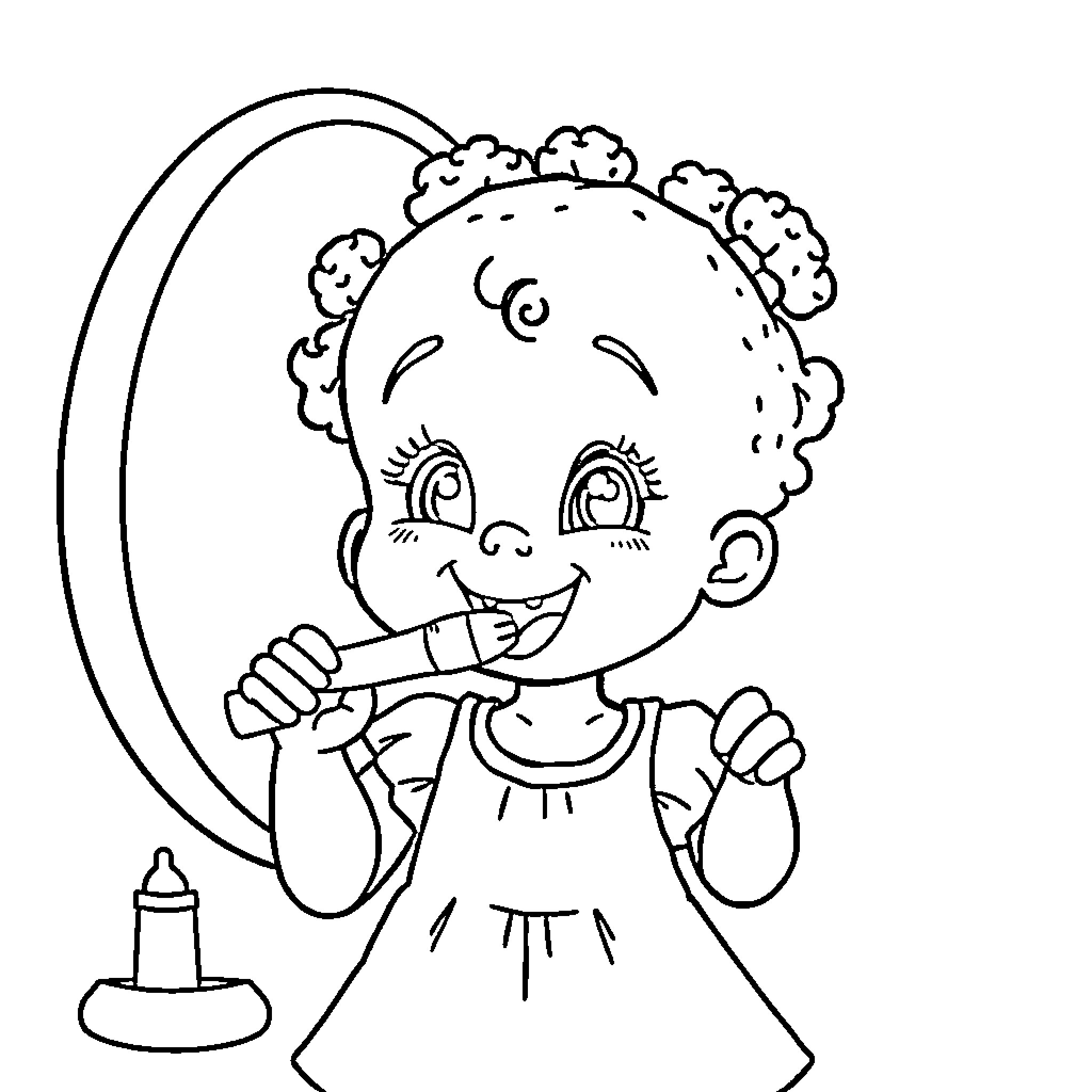 Baby Girl Happily Brushing Her Teeth Coloring Page (free black-and-white line drawing printable PDF for all, from beginners to advanced learners, including children, teens, adults, and seniors)